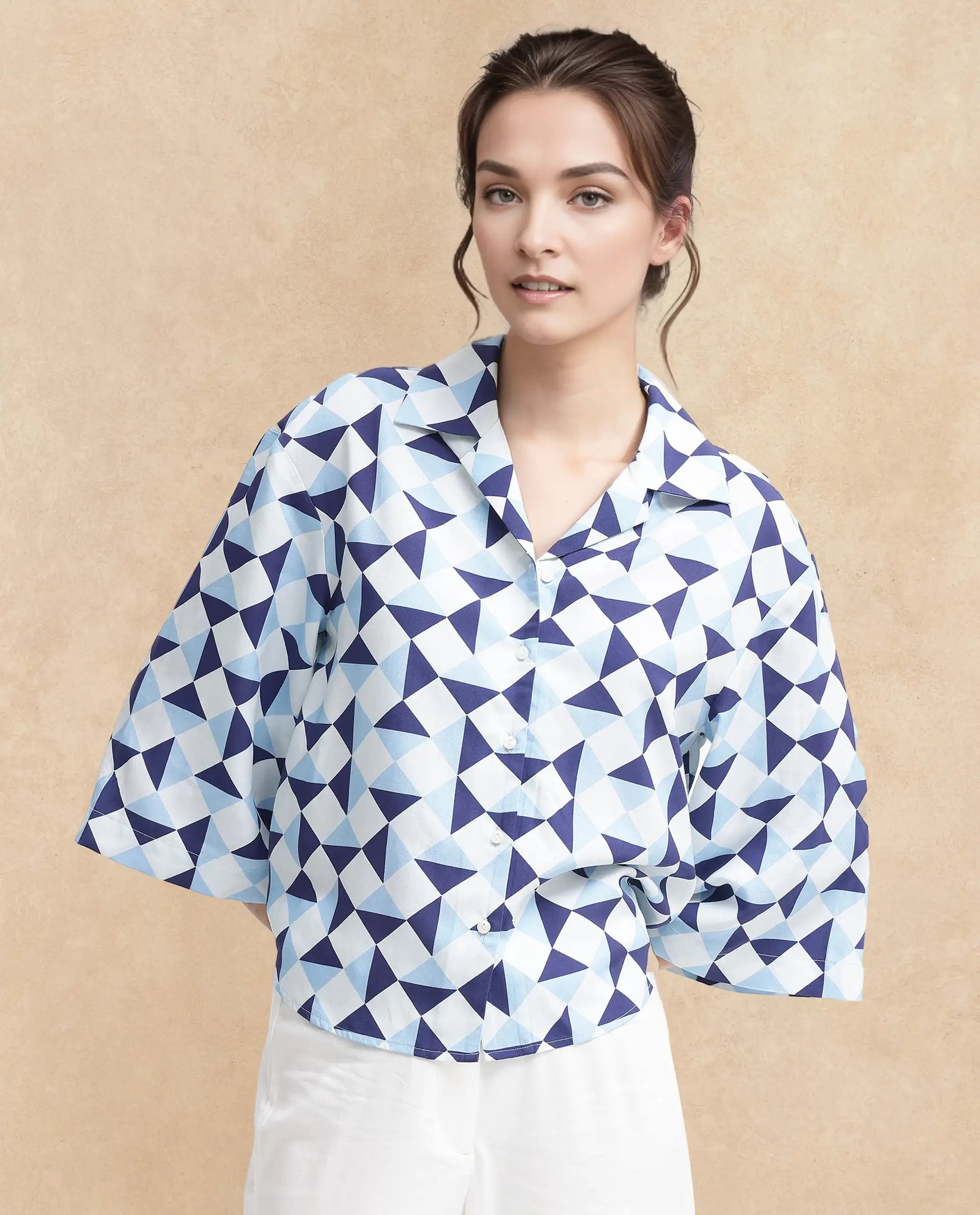 Rareism Women Acerra-SC Blue 3/4Th Sleeve Collared Neck Button Closure Geometric Print Shirt