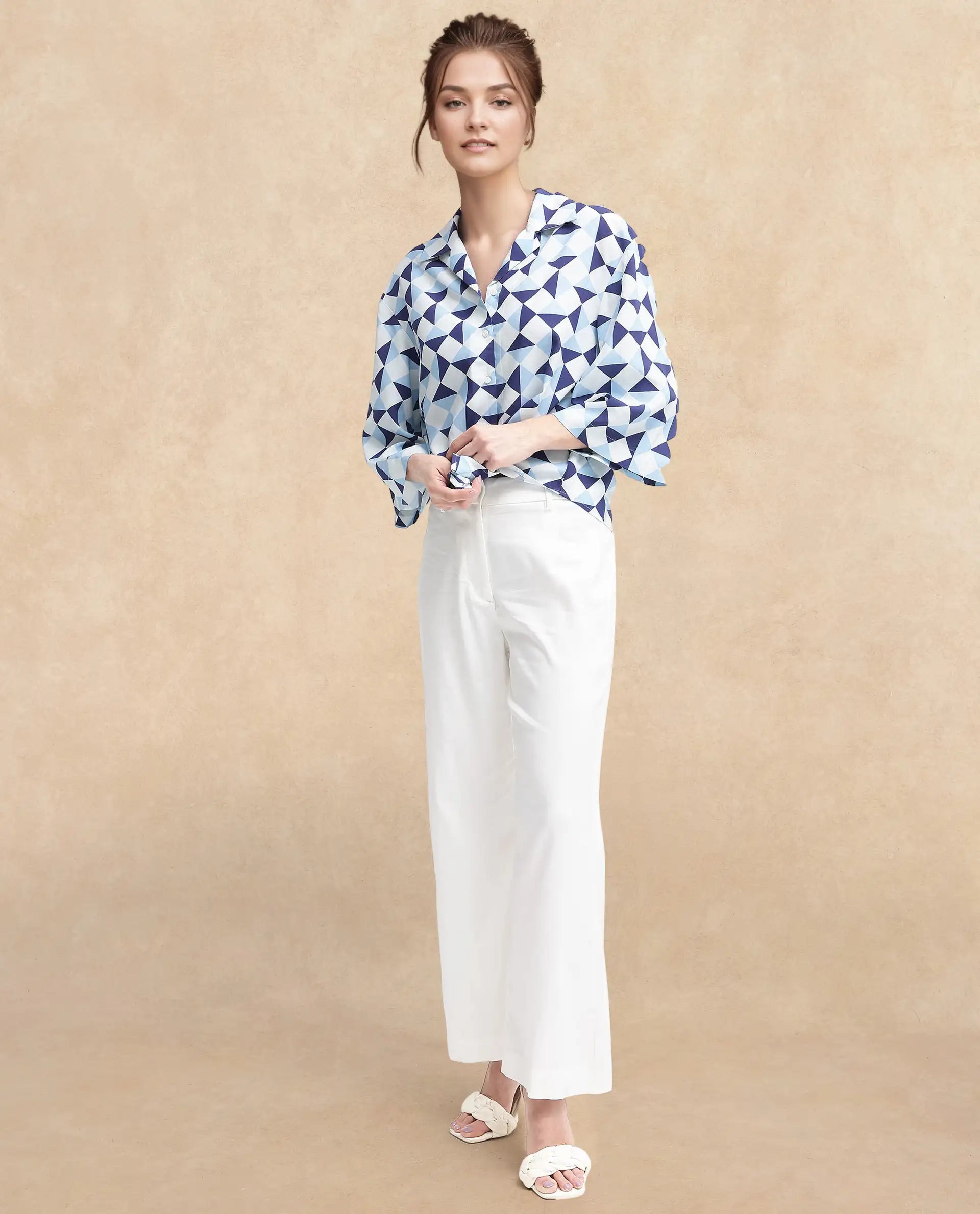 Rareism Women Acerra-SC Blue 3/4Th Sleeve Collared Neck Button Closure Geometric Print Shirt