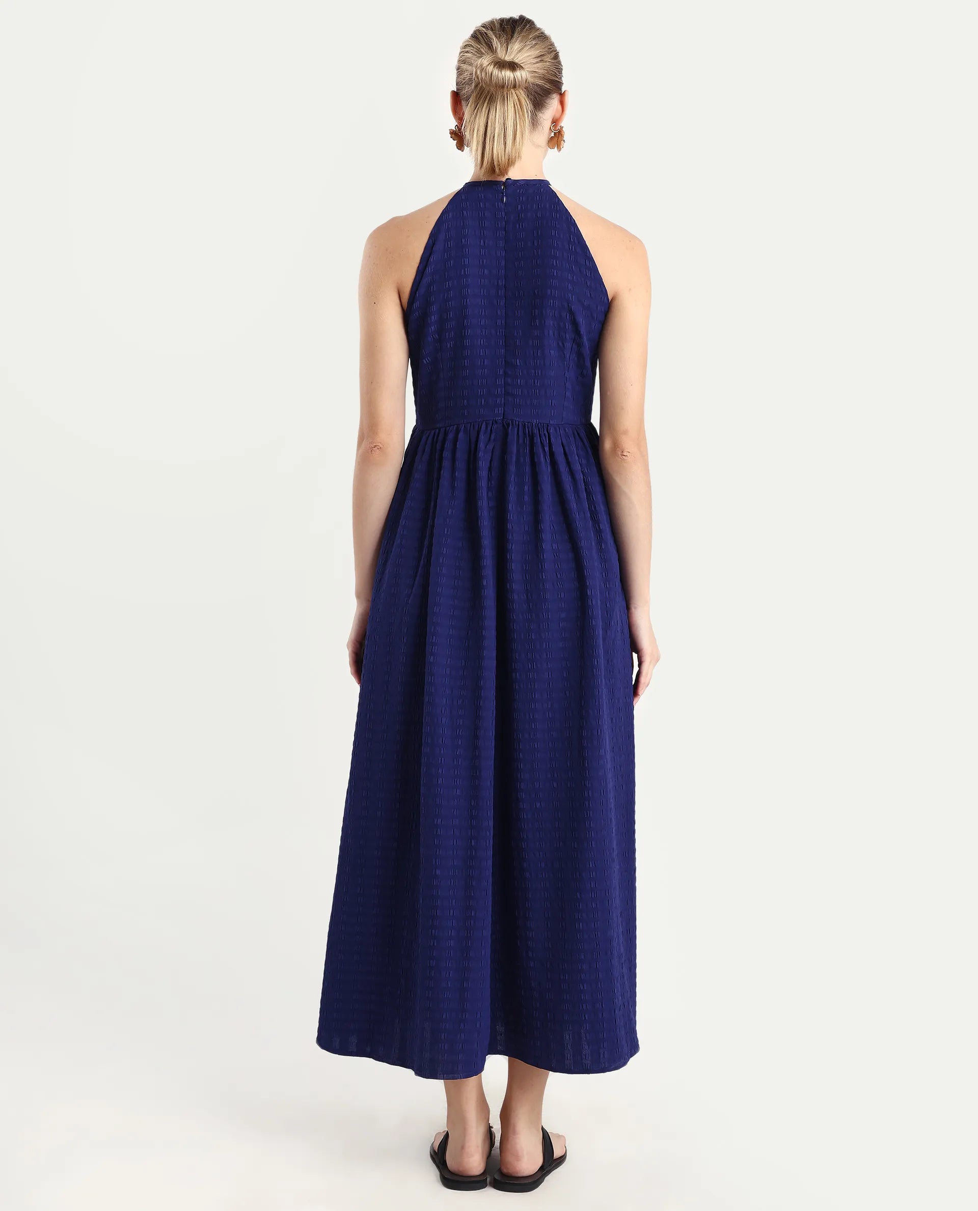 Rareism Women's Acina Blue Polyester Sleeveless Fit And Flare Plain Dress