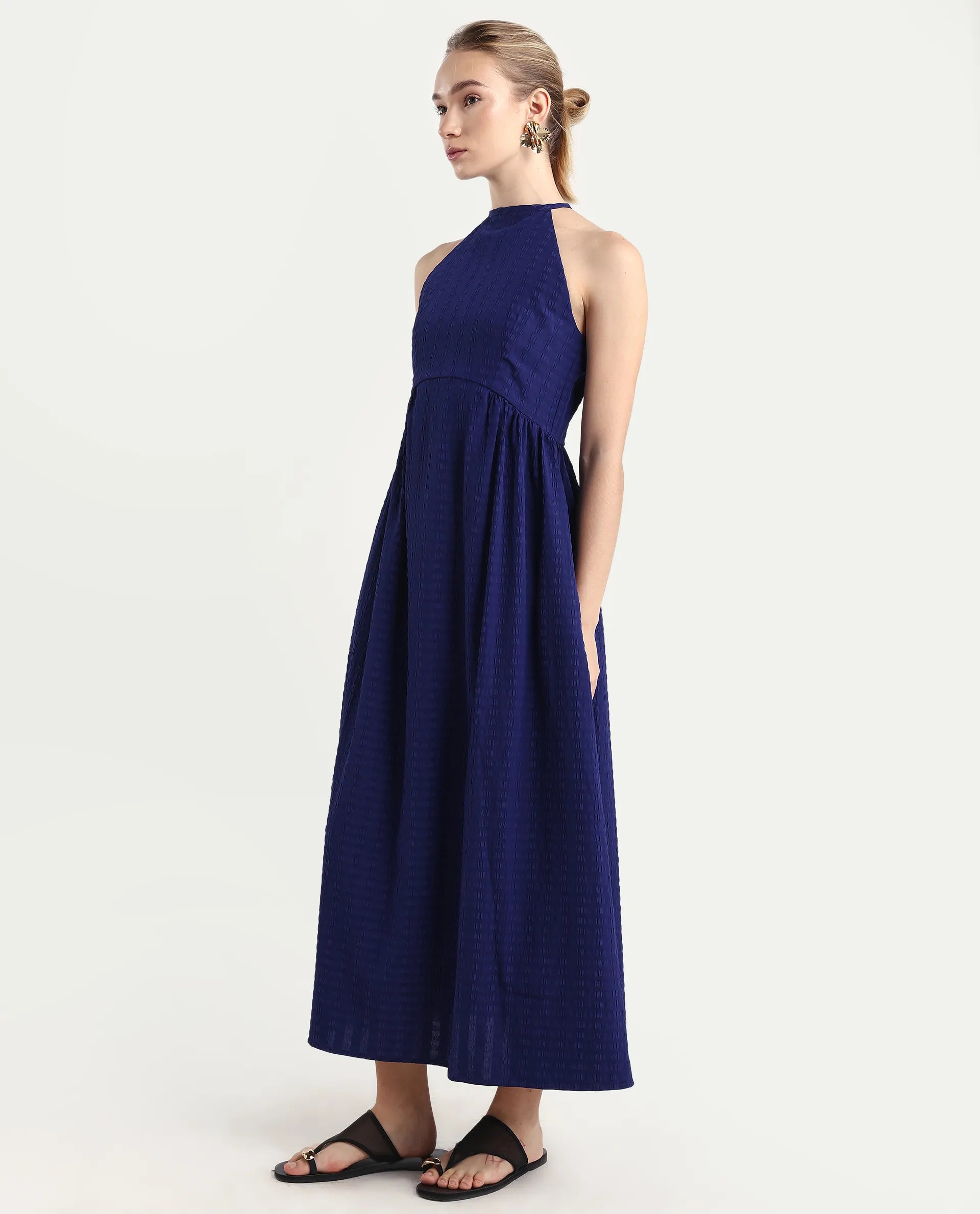 Rareism Women's Acina Blue Polyester Sleeveless Fit And Flare Plain Dress