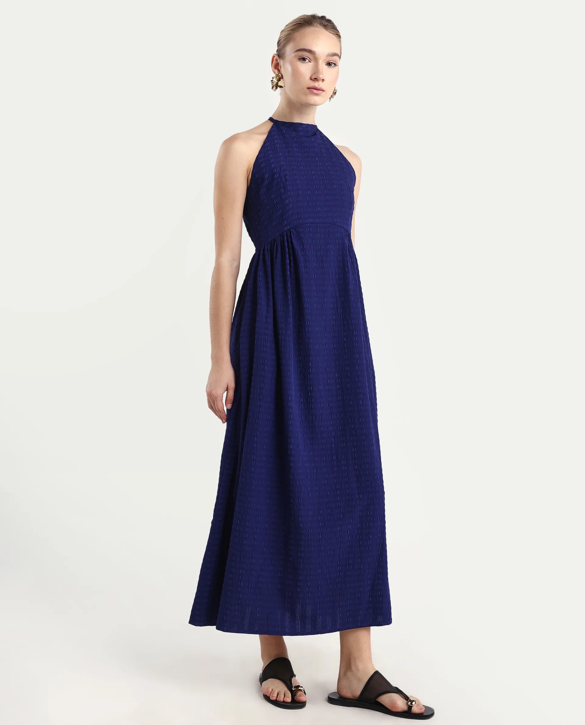 Rareism Women's Acina Blue Polyester Sleeveless Fit And Flare Plain Dress