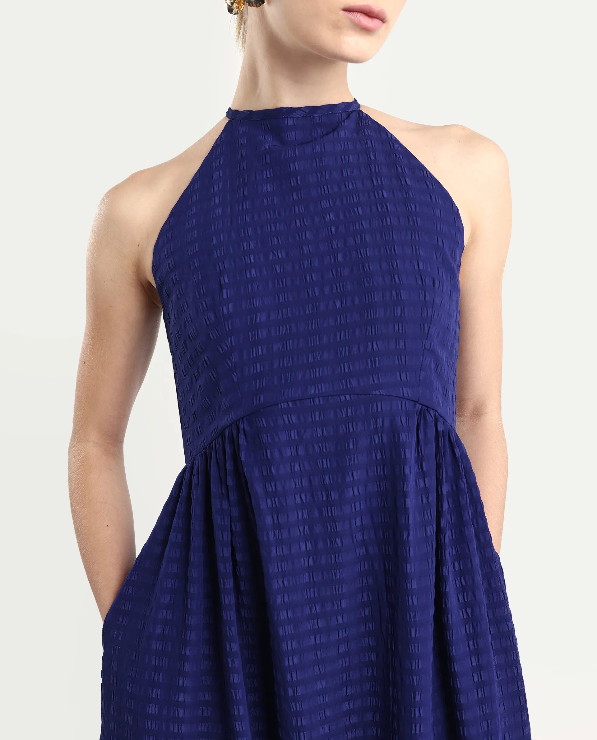 Rareism Women's Acina Blue Polyester Sleeveless Fit And Flare Plain Dress