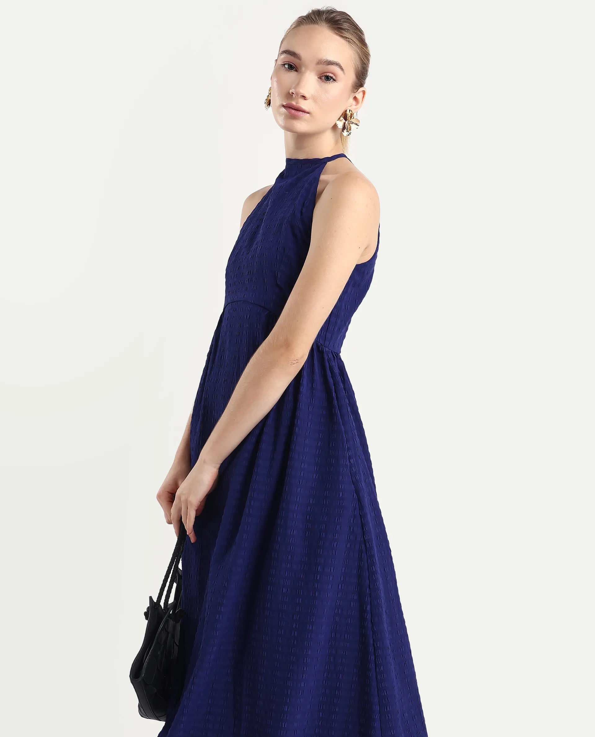 Rareism Women's Acina Blue Polyester Sleeveless Fit And Flare Plain Dress