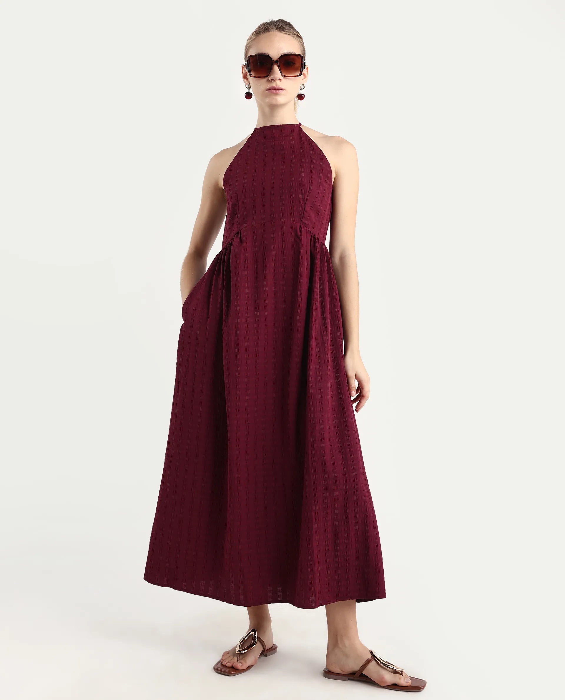 Rareism Women's Acina Maroon Polyester Sleeveless Fit And Flare Plain Dress