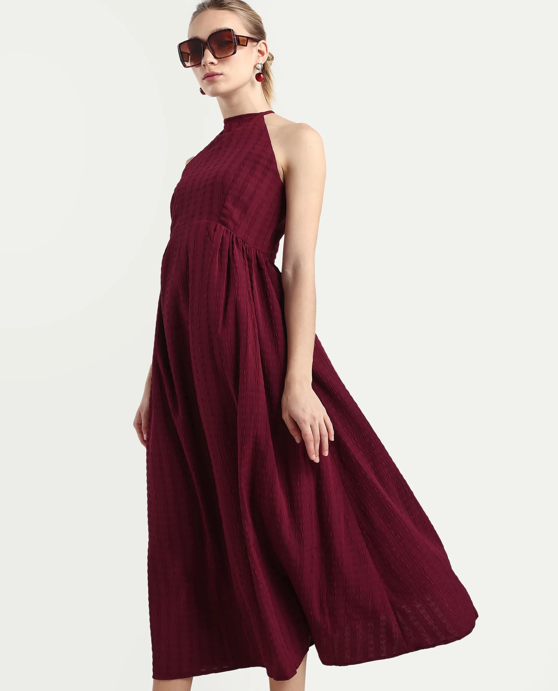 Rareism Women's Acina Maroon Polyester Sleeveless Fit And Flare Plain Dress