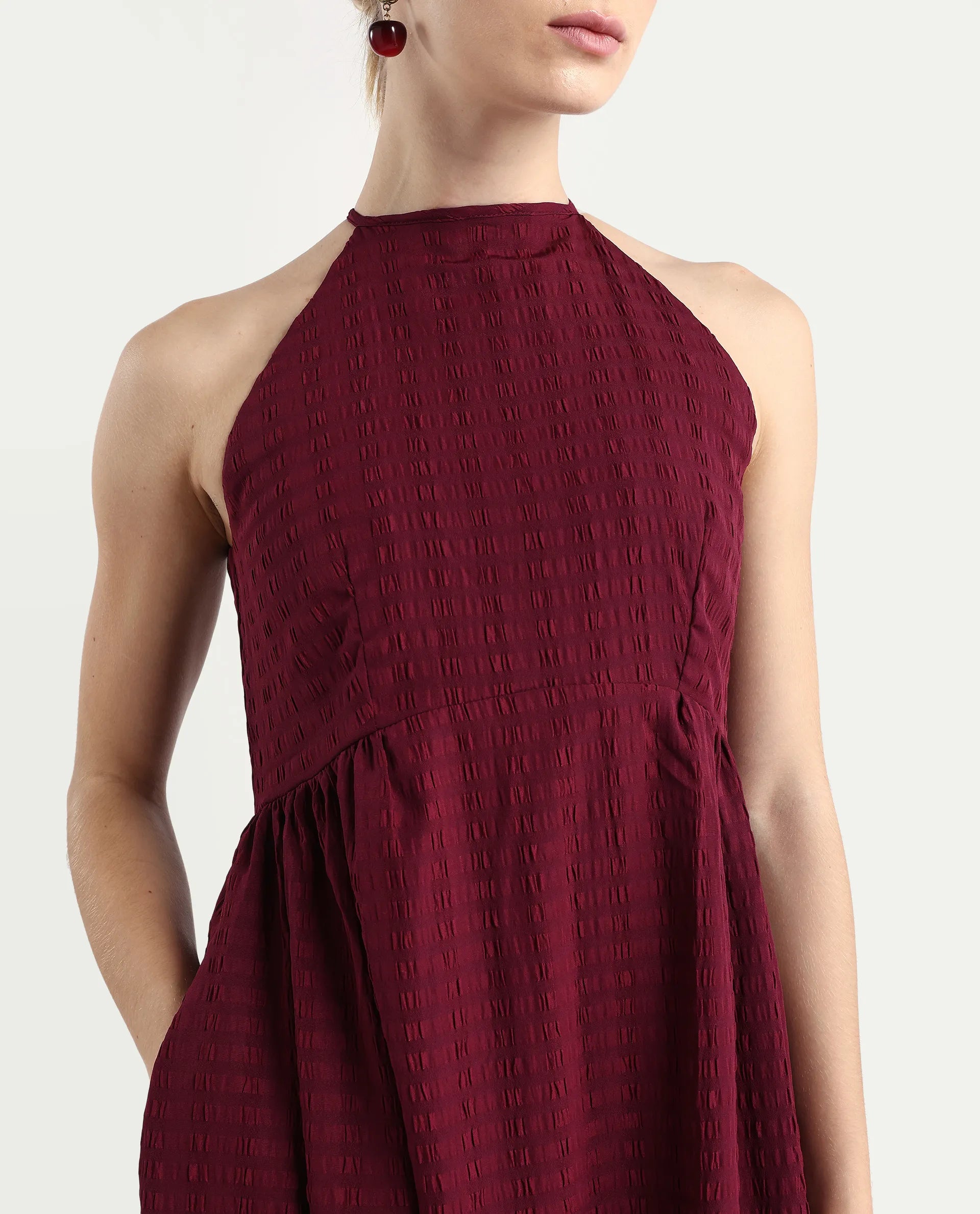 Rareism Women's Acina Maroon Polyester Sleeveless Fit And Flare Plain Dress