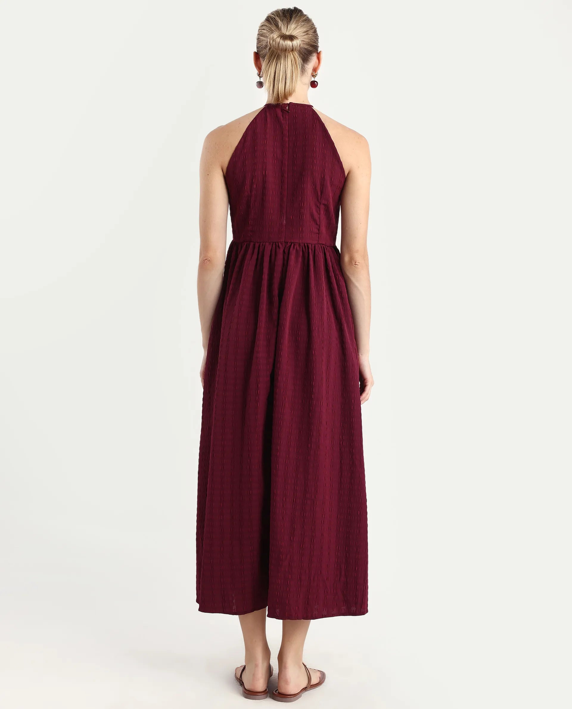 Rareism Women's Acina Maroon Polyester Sleeveless Fit And Flare Plain Dress