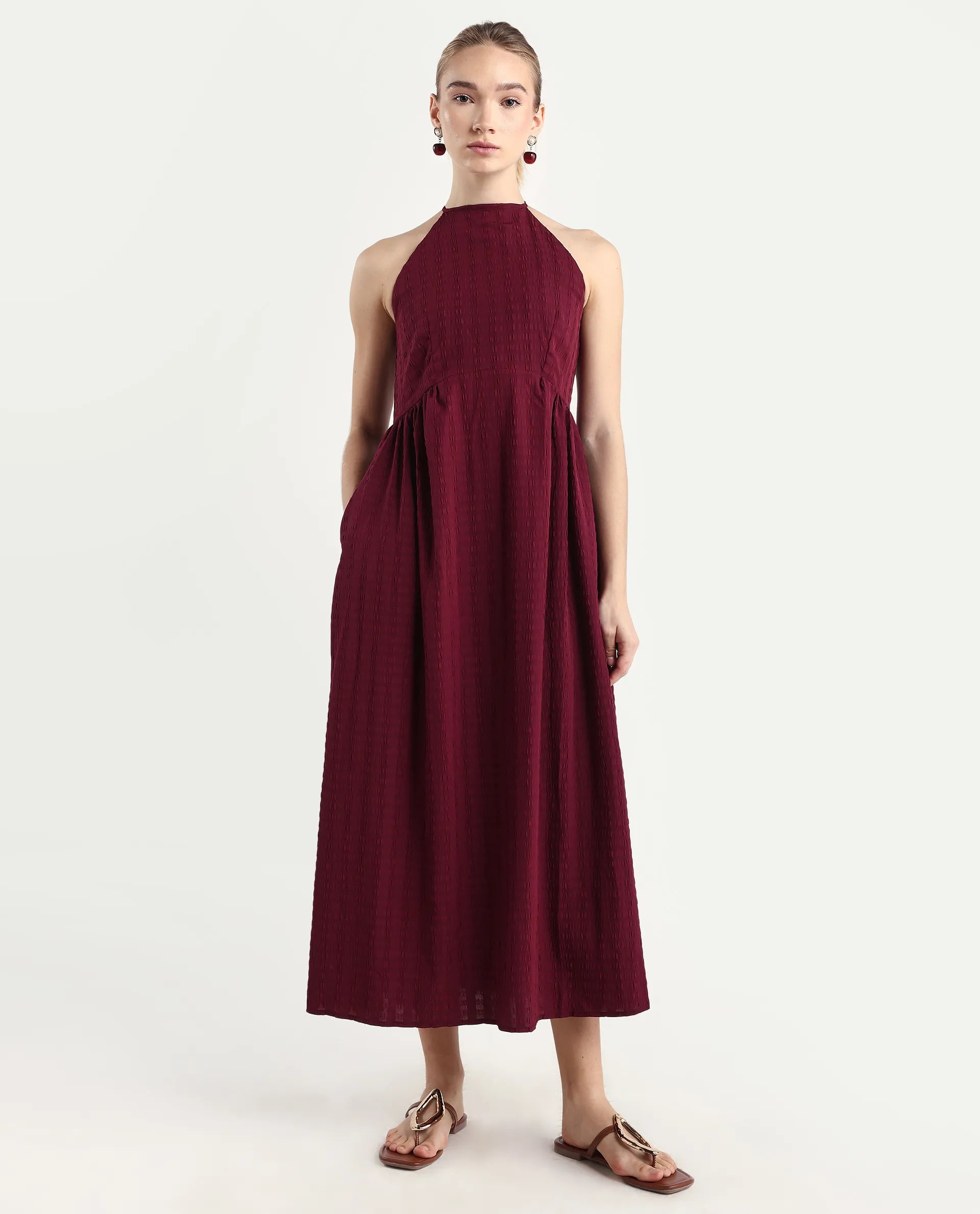 Rareism Women's Acina Maroon Polyester Sleeveless Fit And Flare Plain Dress