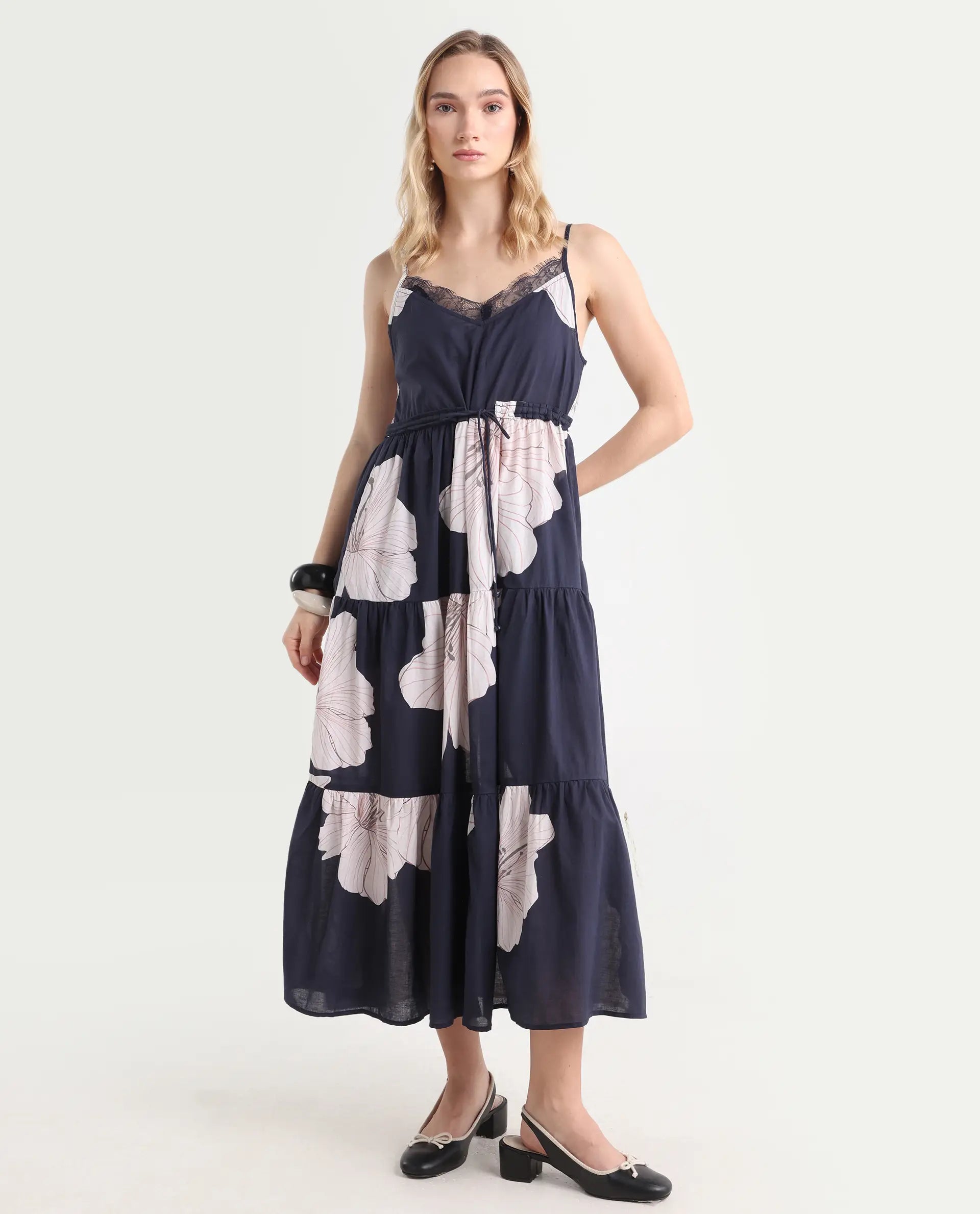 Rareism Women's Acker Navy Cotton V-Neck Floral Print Shoulder Strap Midi Relaxed Fit Dress