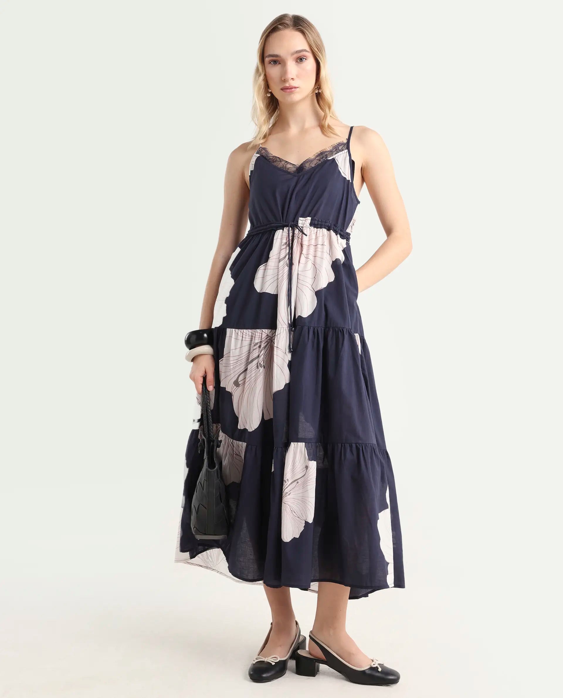 Rareism Women's Acker Navy Cotton V-Neck Floral Print Shoulder Strap Midi Relaxed Fit Dress