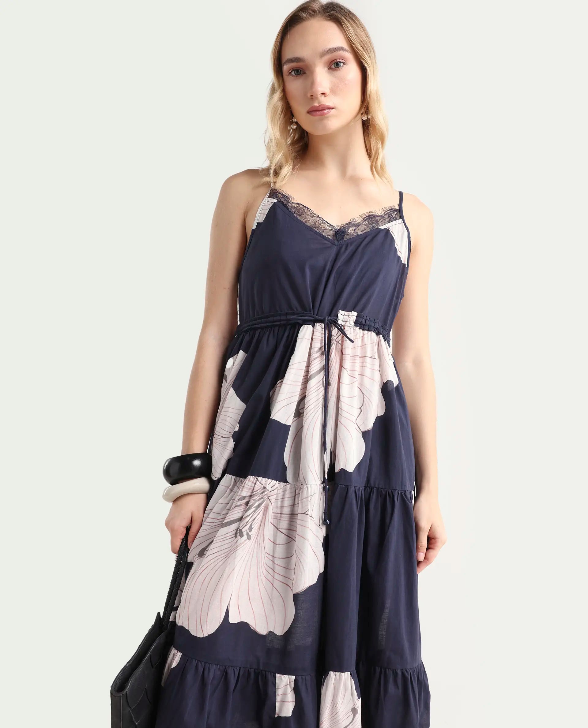 Rareism Women's Acker Navy Cotton V-Neck Floral Print Shoulder Strap Midi Relaxed Fit Dress
