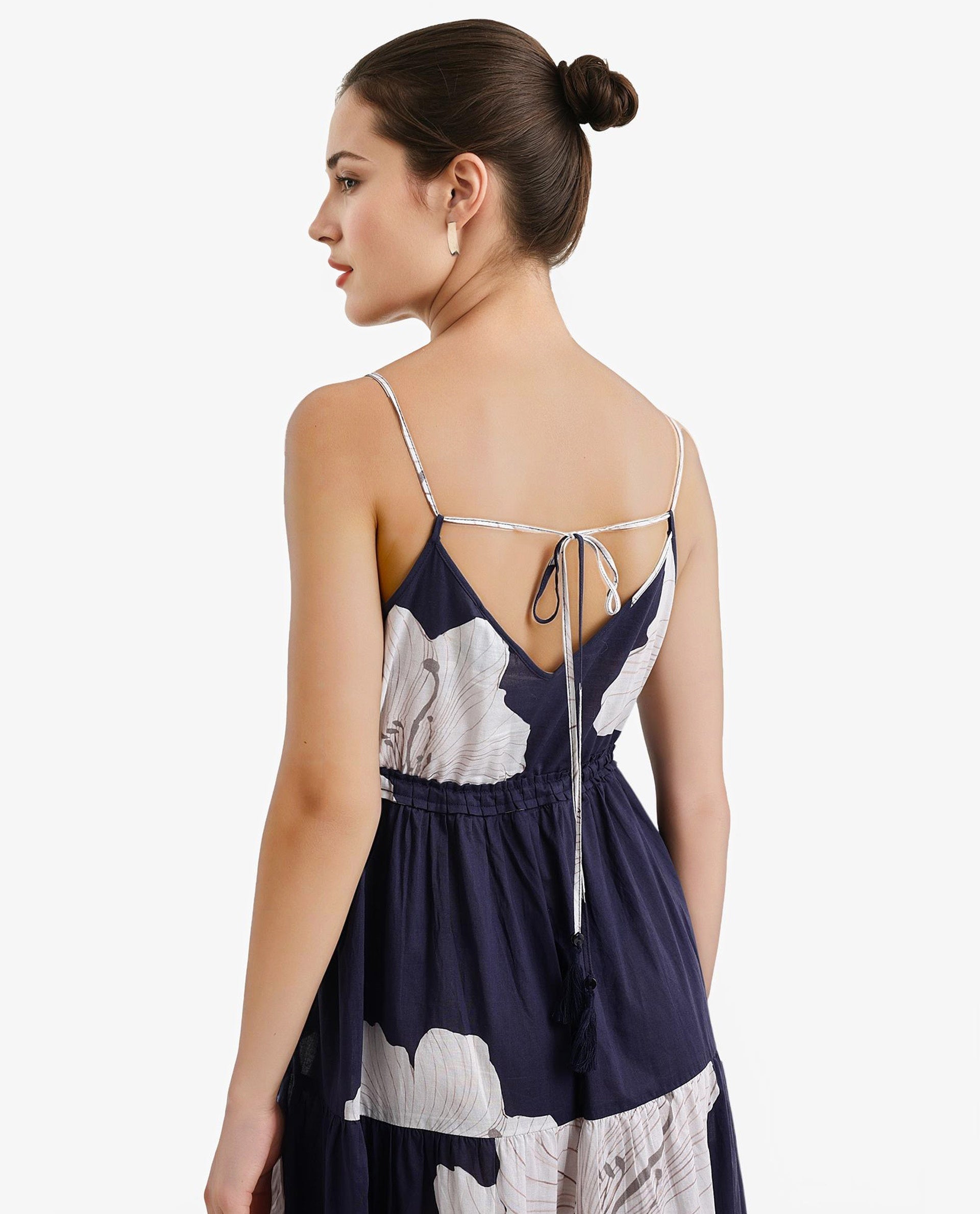 Rareism Women's Acker Navy Cotton Fabric V-Neck Slip-On Closure Sleeveless Floral Print Relaxed Fit Midi Dress