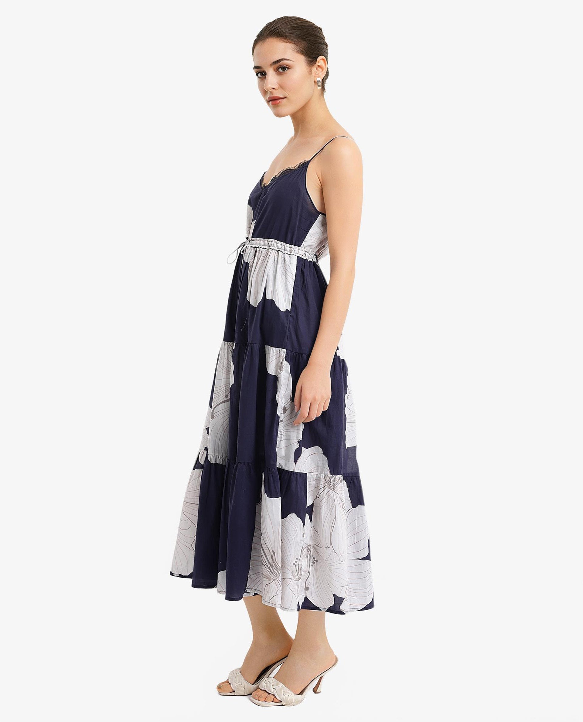 Rareism Women's Acker Navy Cotton Fabric V-Neck Slip-On Closure Sleeveless Floral Print Relaxed Fit Midi Dress