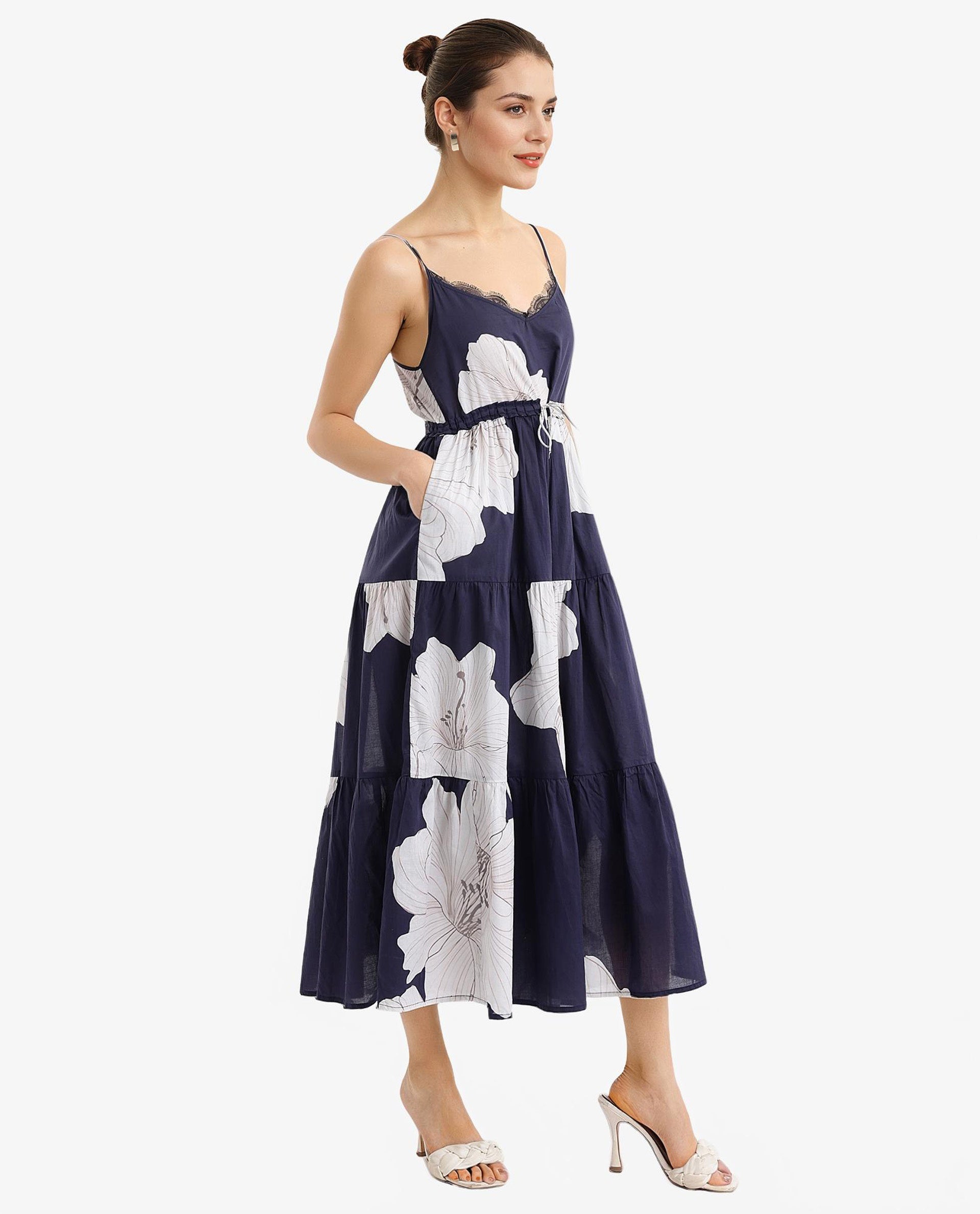 Rareism Women's Acker Navy Cotton Fabric V-Neck Slip-On Closure Sleeveless Floral Print Relaxed Fit Midi Dress