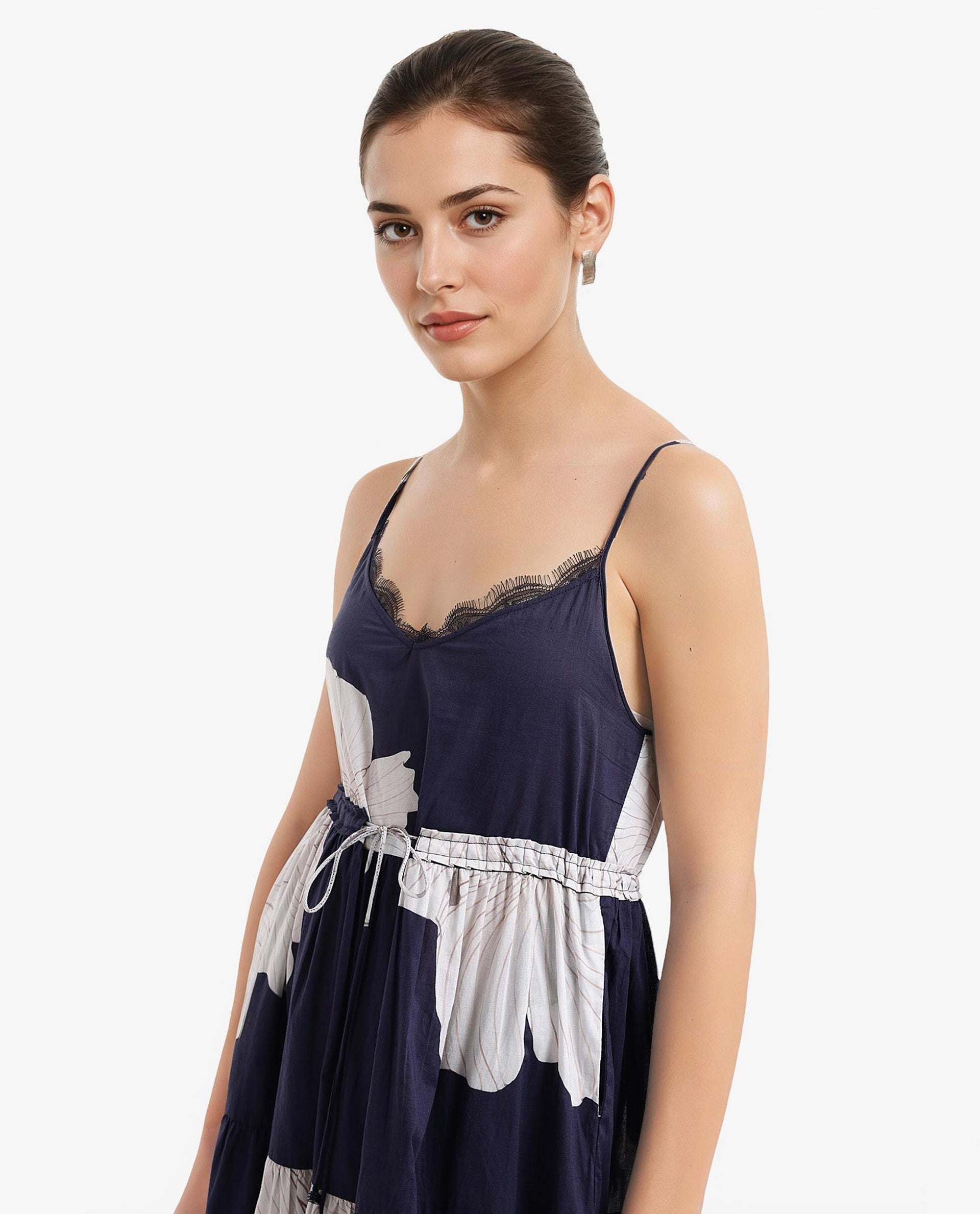 Rareism Women's Acker Navy Cotton Fabric V-Neck Slip-On Closure Sleeveless Floral Print Relaxed Fit Midi Dress