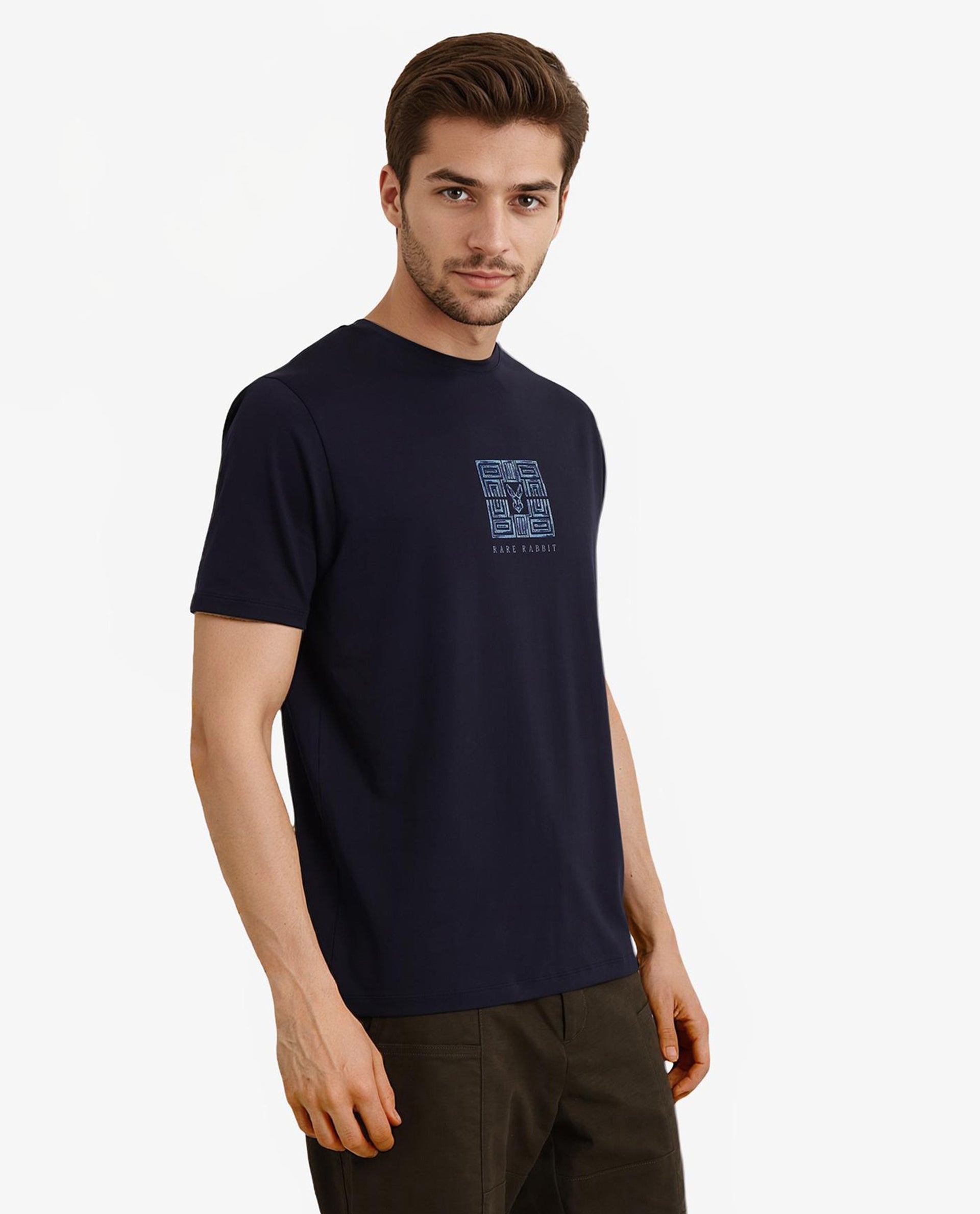 Rare Rabbit Men Ack Navy Cotton Blend Fabric Short Sleeve Crew Neck Logo Print T-Shirt