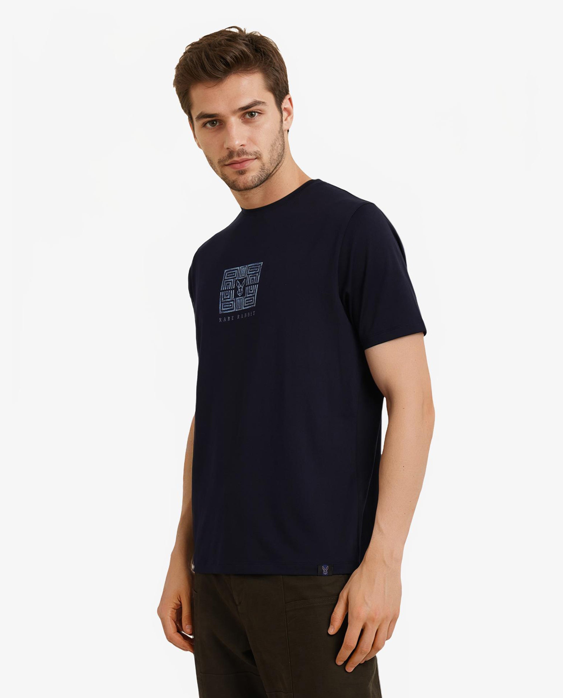 Rare Rabbit Men Ack Navy Cotton Blend Fabric Short Sleeve Crew Neck Logo Print T-Shirt