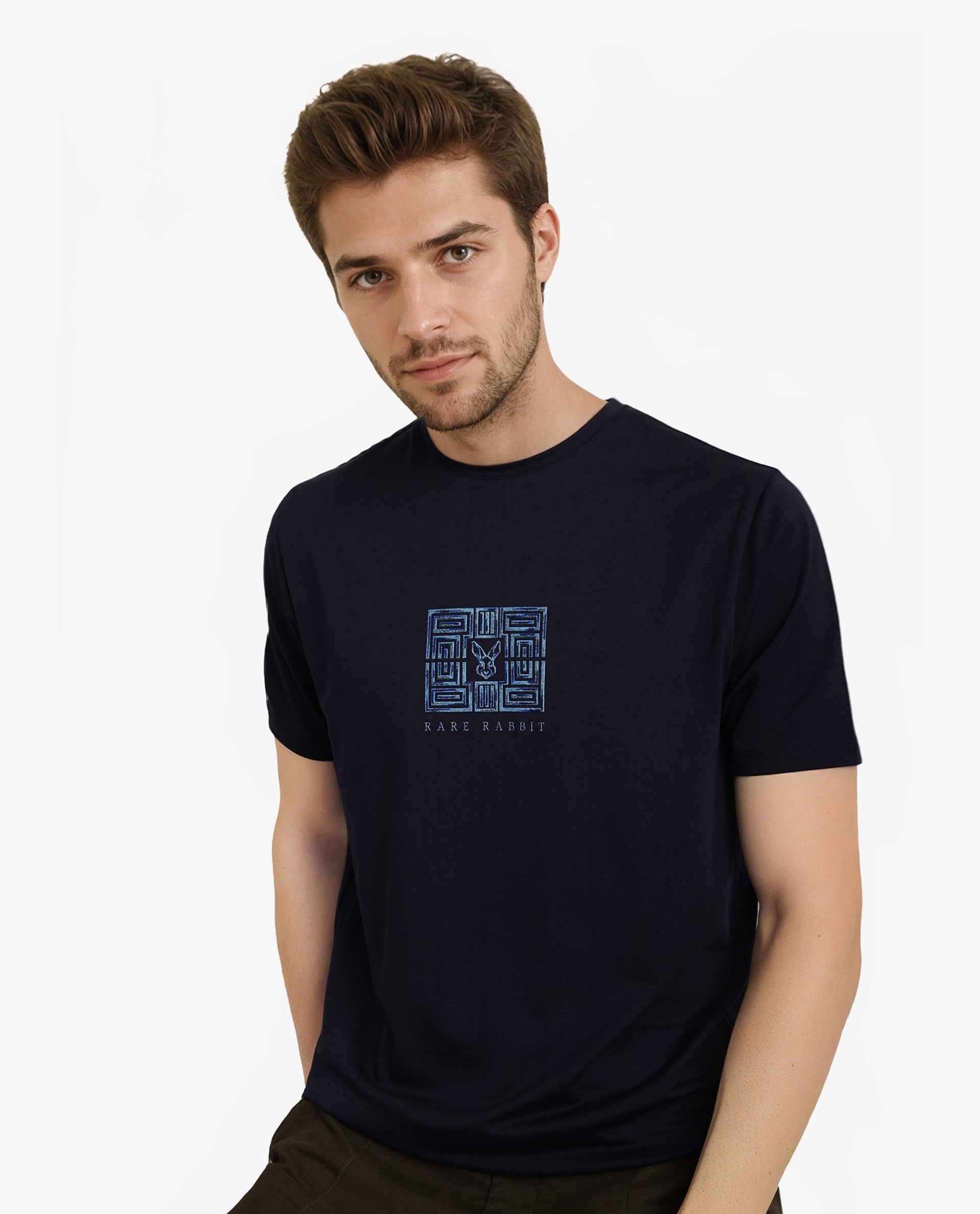 Rare Rabbit Men Ack Navy Cotton Blend Fabric Short Sleeve Crew Neck Logo Print T-Shirt