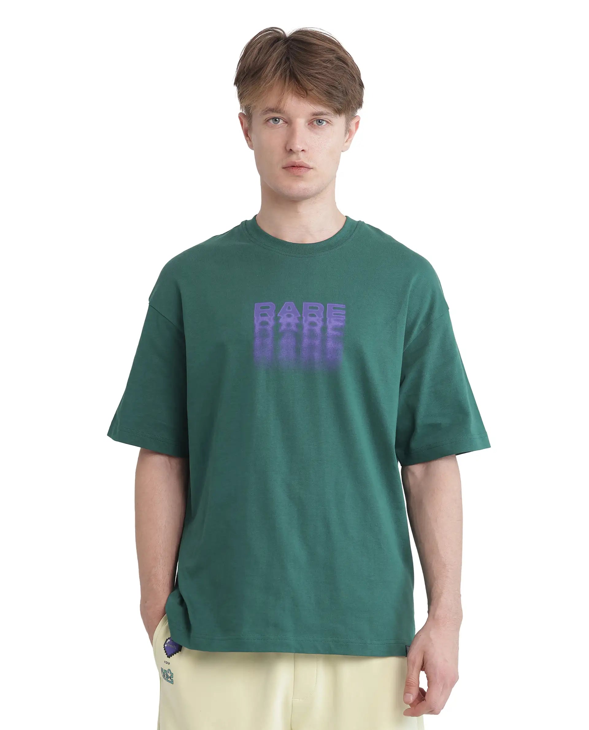 Rare Rabbit Men Act Dark Dark Green Cotton Fabric Short Sleeve Crew Neck Slip-On Oversized Fit Graphic Print T-Shirt