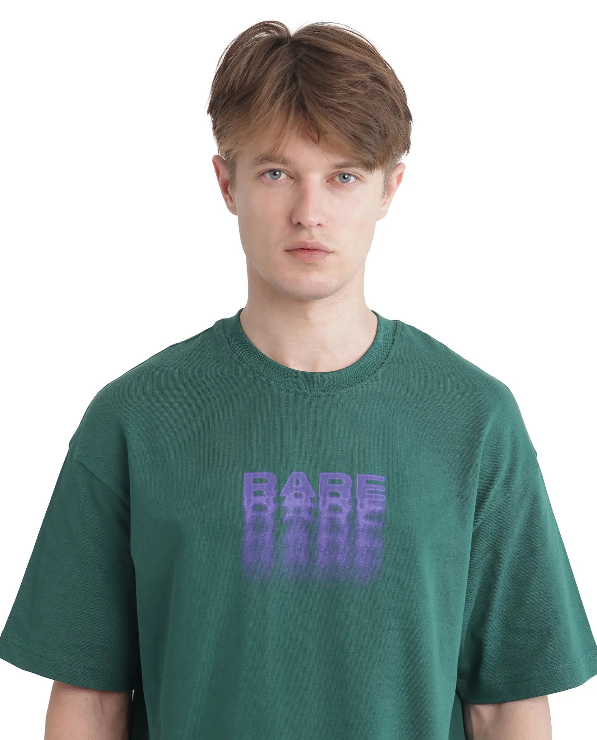 Rare Rabbit Men Act Dark Dark Green Cotton Fabric Short Sleeve Crew Neck Slip-On Oversized Fit Graphic Print T-Shirt