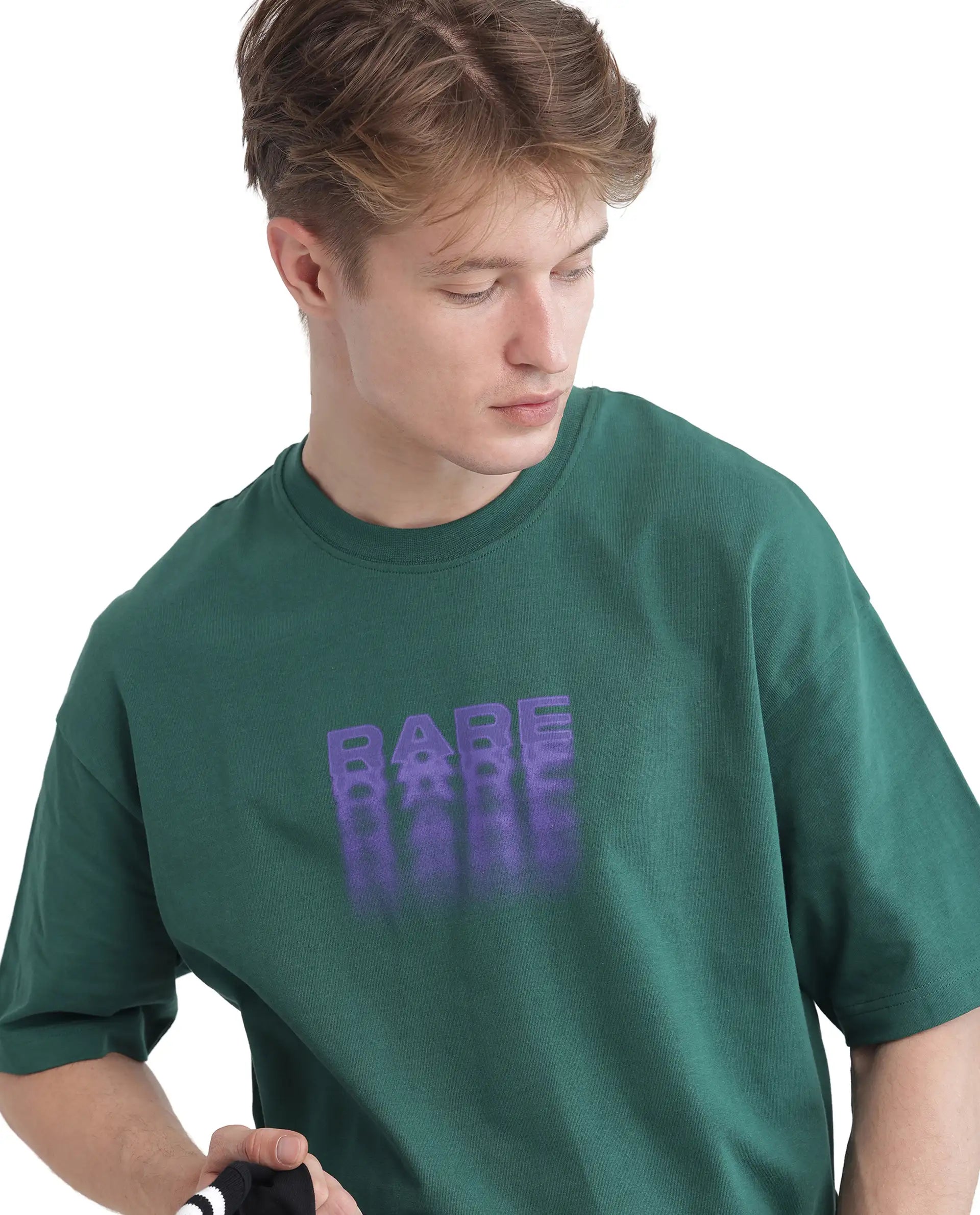 Rare Rabbit Men Act Dark Dark Green Cotton Fabric Short Sleeve Crew Neck Slip-On Oversized Fit Graphic Print T-Shirt