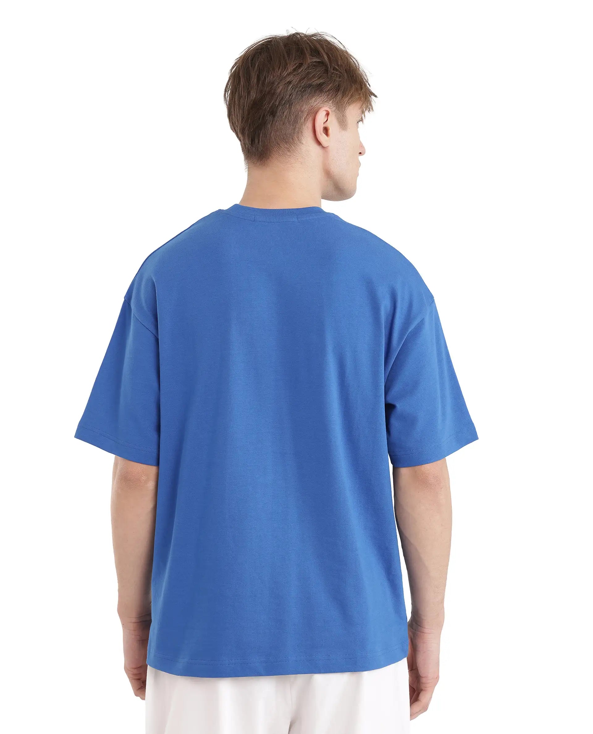 Rare Rabbit Men Act Dark Blue Cotton Fabric Short Sleeve Crew Neck Slip-On Oversized Fit Graphic Print T-Shirt