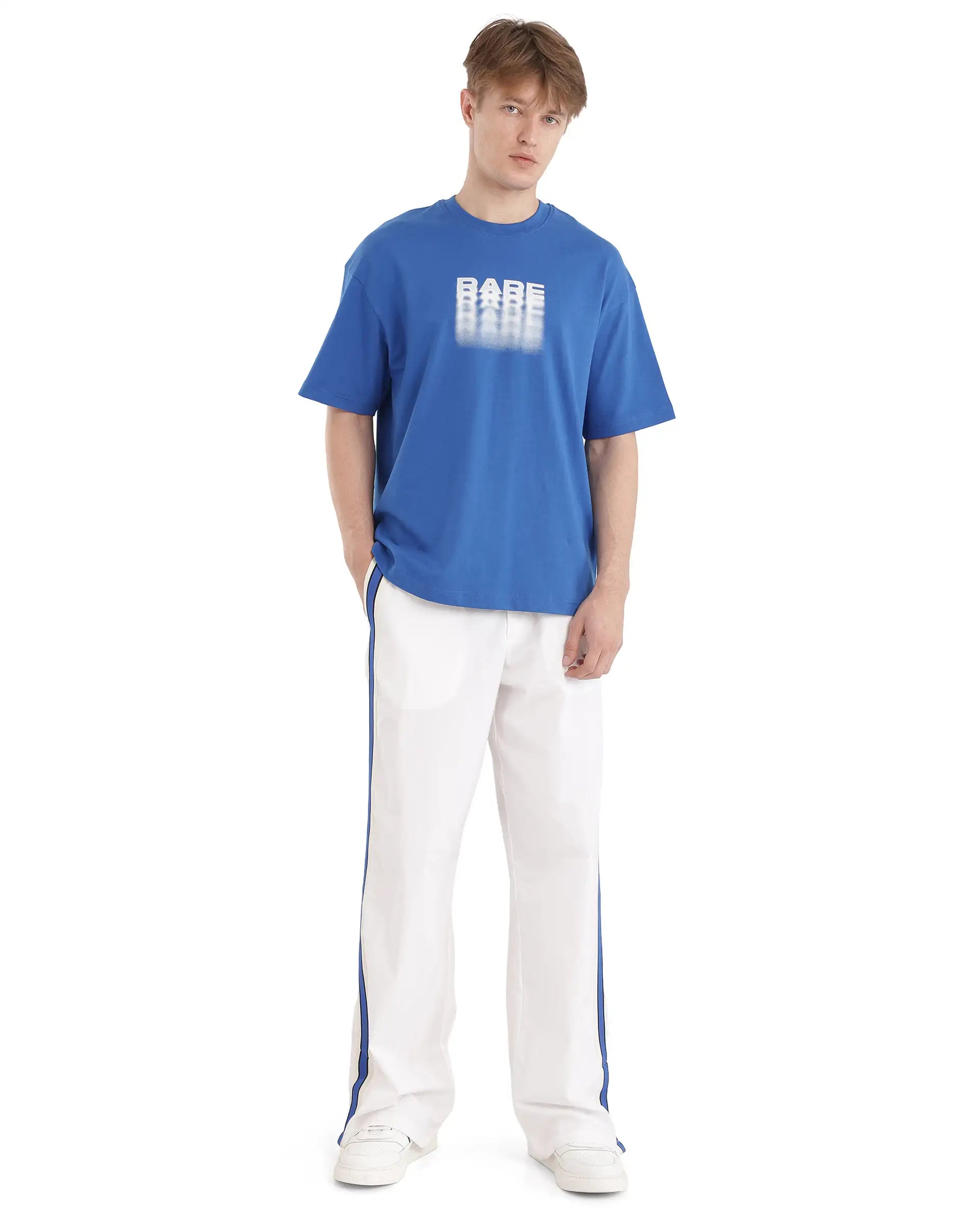 Rare Rabbit Men Act Dark Blue Cotton Fabric Short Sleeve Crew Neck Slip-On Oversized Fit Graphic Print T-Shirt