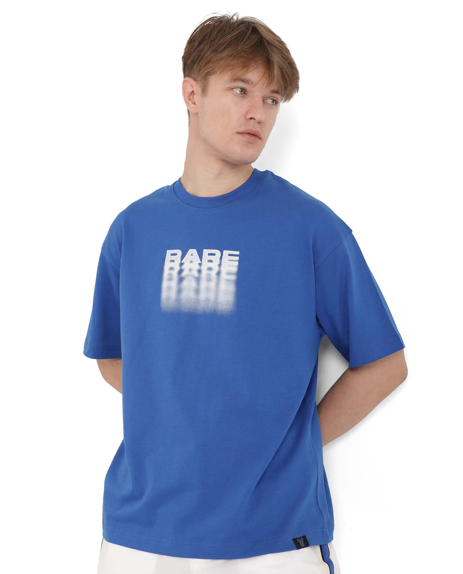 Rare Rabbit Men Act Dark Blue Cotton Fabric Short Sleeve Crew Neck Slip-On Oversized Fit Graphic Print T-Shirt