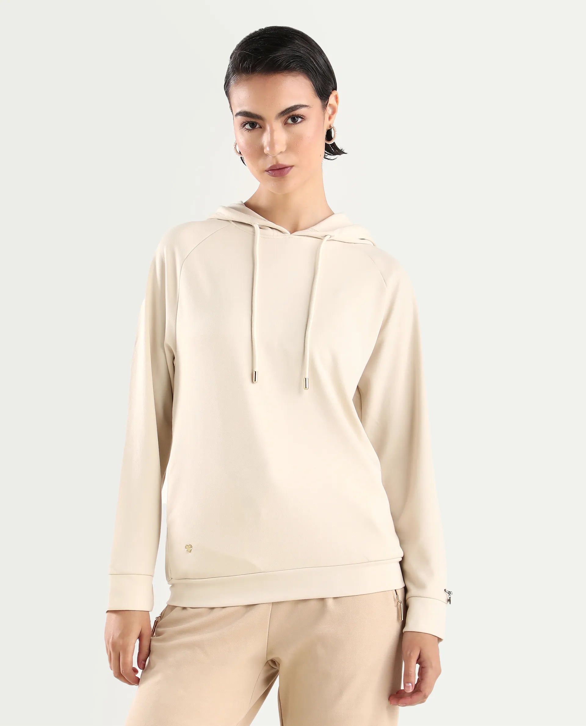 Rareism Women's Adani Off White Modal Blend Hooded Plain Relaxed Fit Sweatshirt