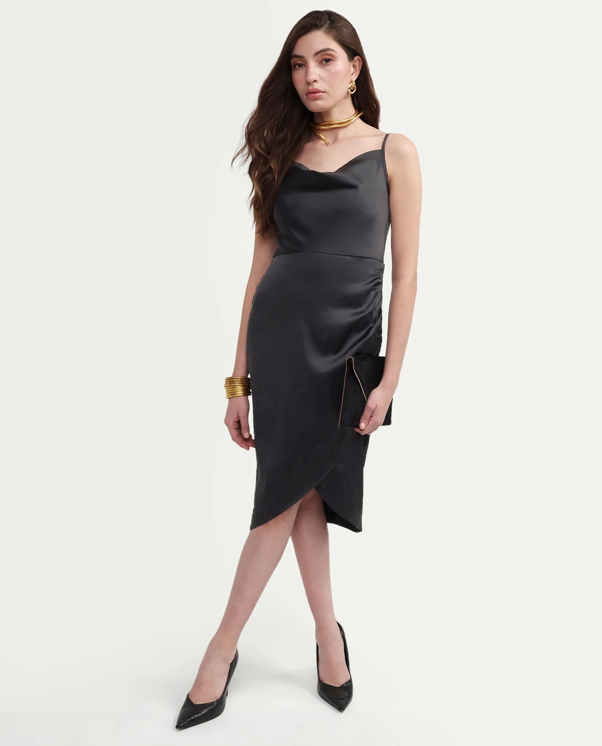 Rareism Women's Addilu Black Polyester Shoulder Straps Zipper Fitted Plain Dress