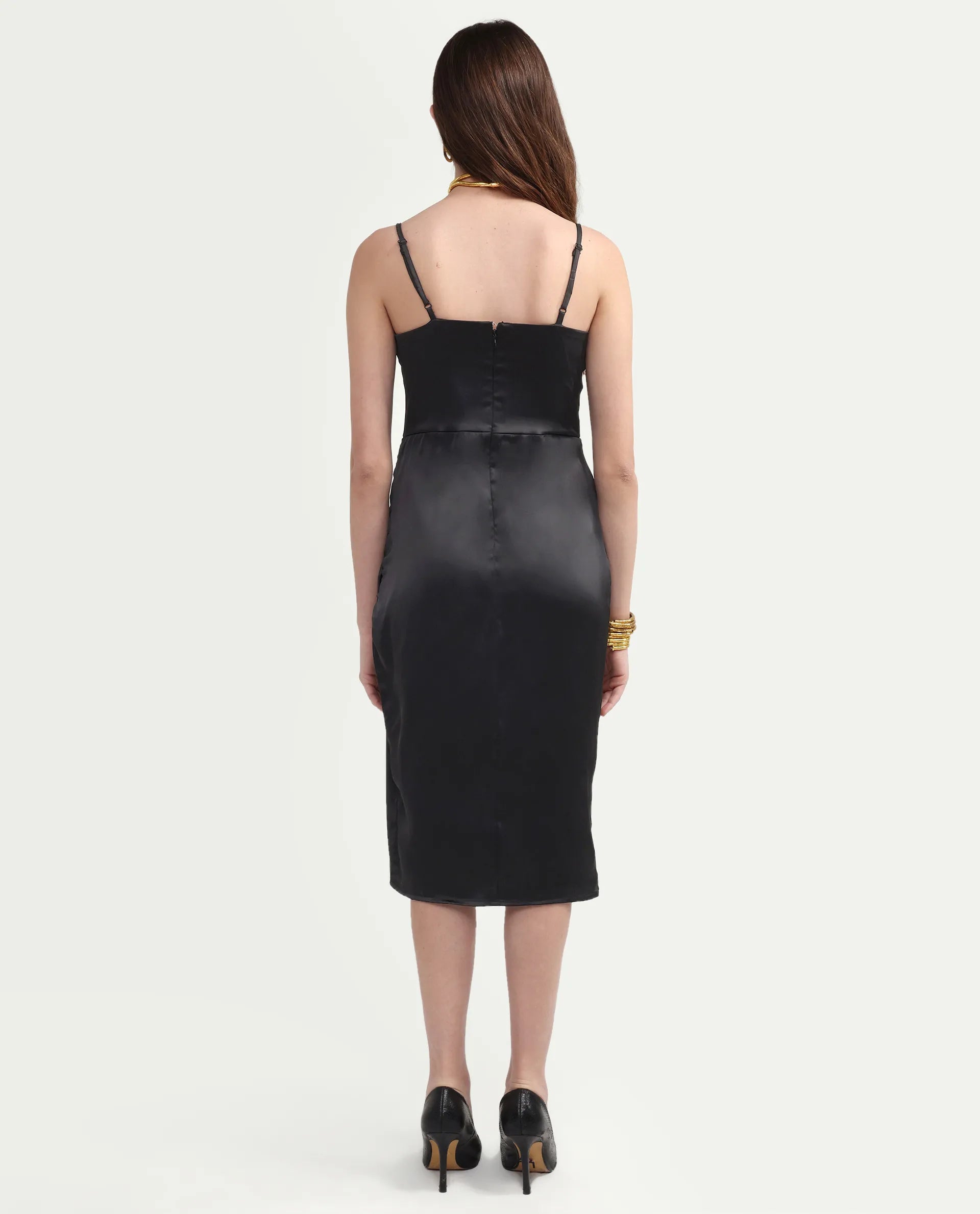 Rareism Women's Addilu Black Polyester Shoulder Straps Zipper Fitted Plain Dress