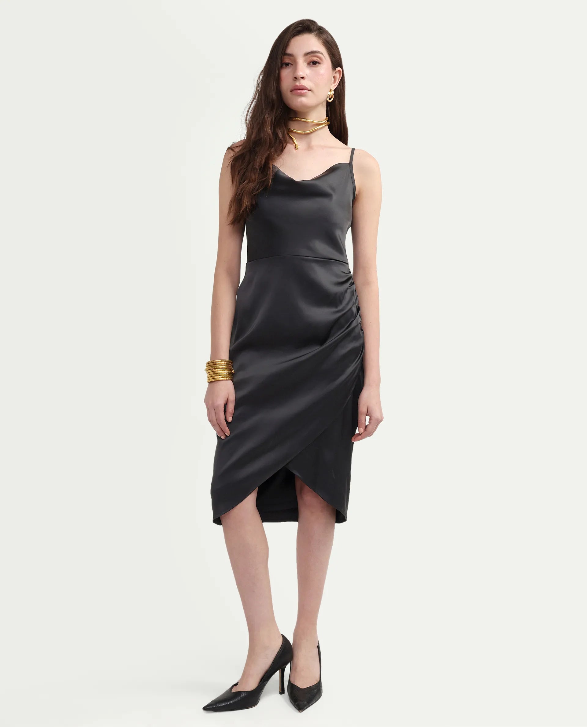 Rareism Women's Addilu Black Polyester Shoulder Straps Zipper Fitted Plain Dress