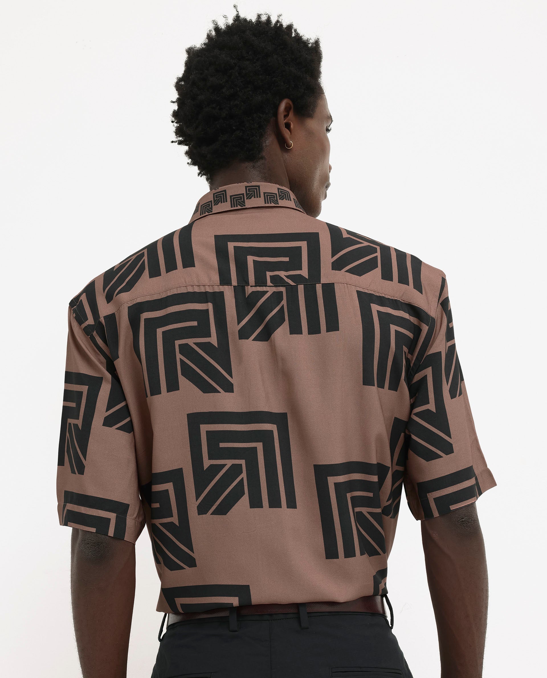 Rare Rabbit Men's Ade Brown Viscose Fabric Short Sleeve Boxy Fit Monogram Print Shirt