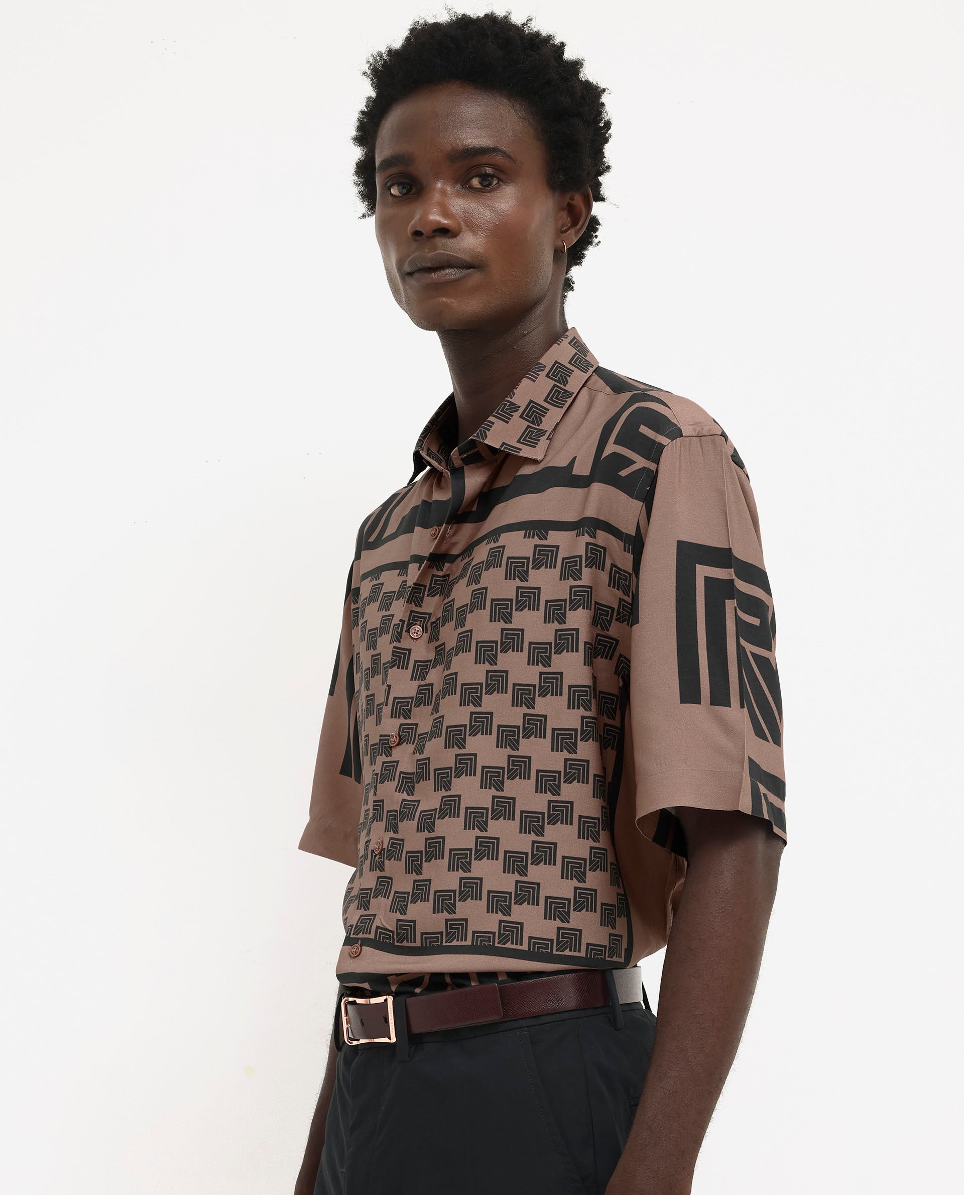 Rare Rabbit Men's Ade Brown Viscose Fabric Short Sleeve Boxy Fit Monogram Print Shirt