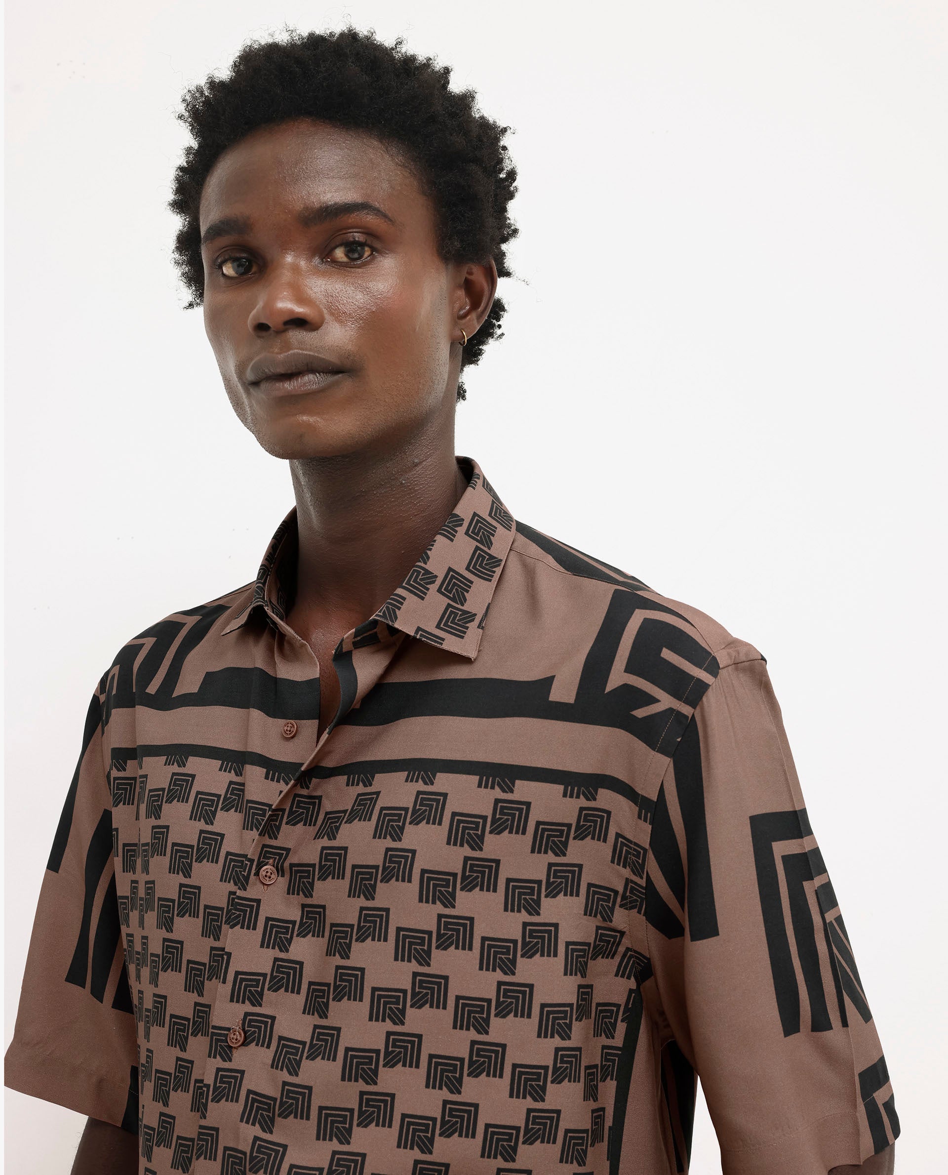 Rare Rabbit Men's Ade Brown Viscose Fabric Short Sleeve Boxy Fit Monogram Print Shirt