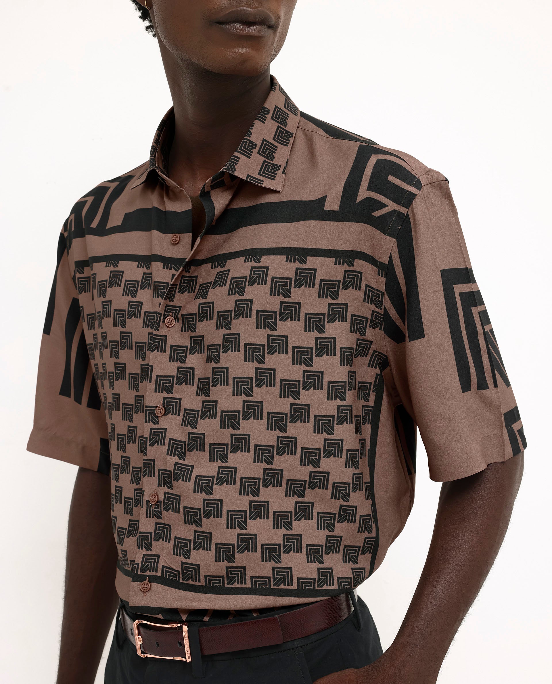 Rare Rabbit Men's Ade Brown Viscose Fabric Short Sleeve Boxy Fit Monogram Print Shirt