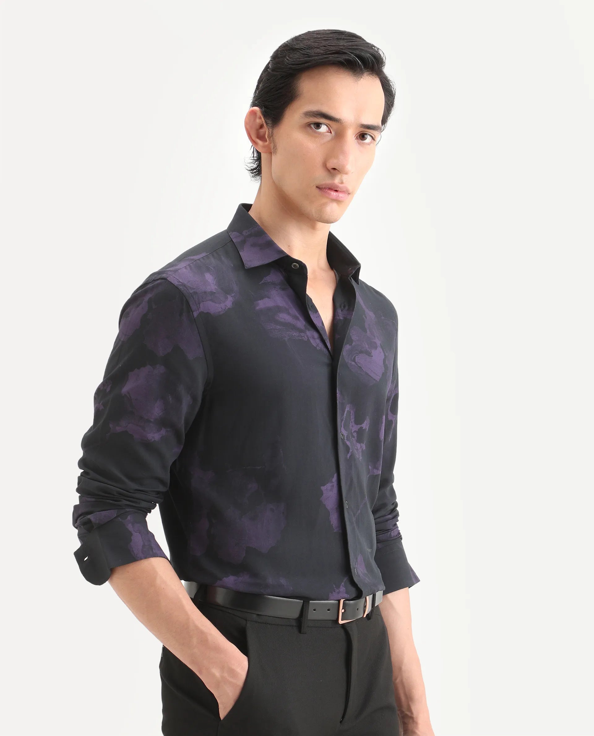 Rare Rabbit Men's Adel Black Viscose Fabric Collared Neck Regular Printed Shirt