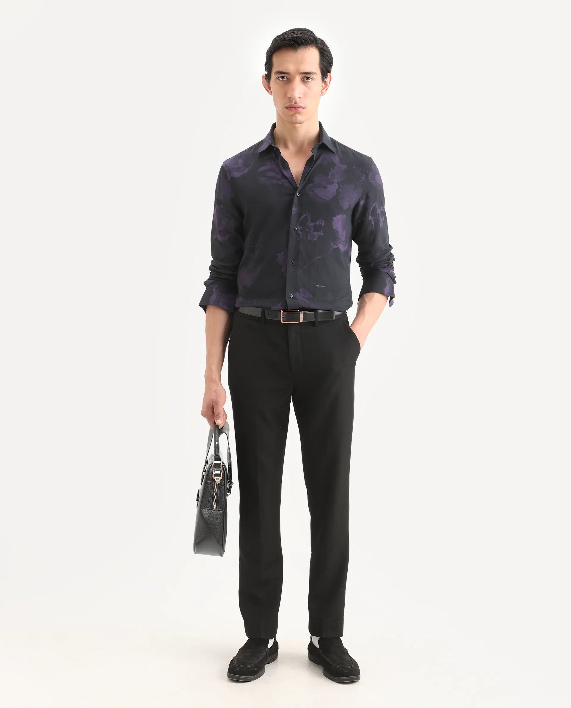 Rare Rabbit Men's Adel Black Viscose Fabric Collared Neck Regular Printed Shirt