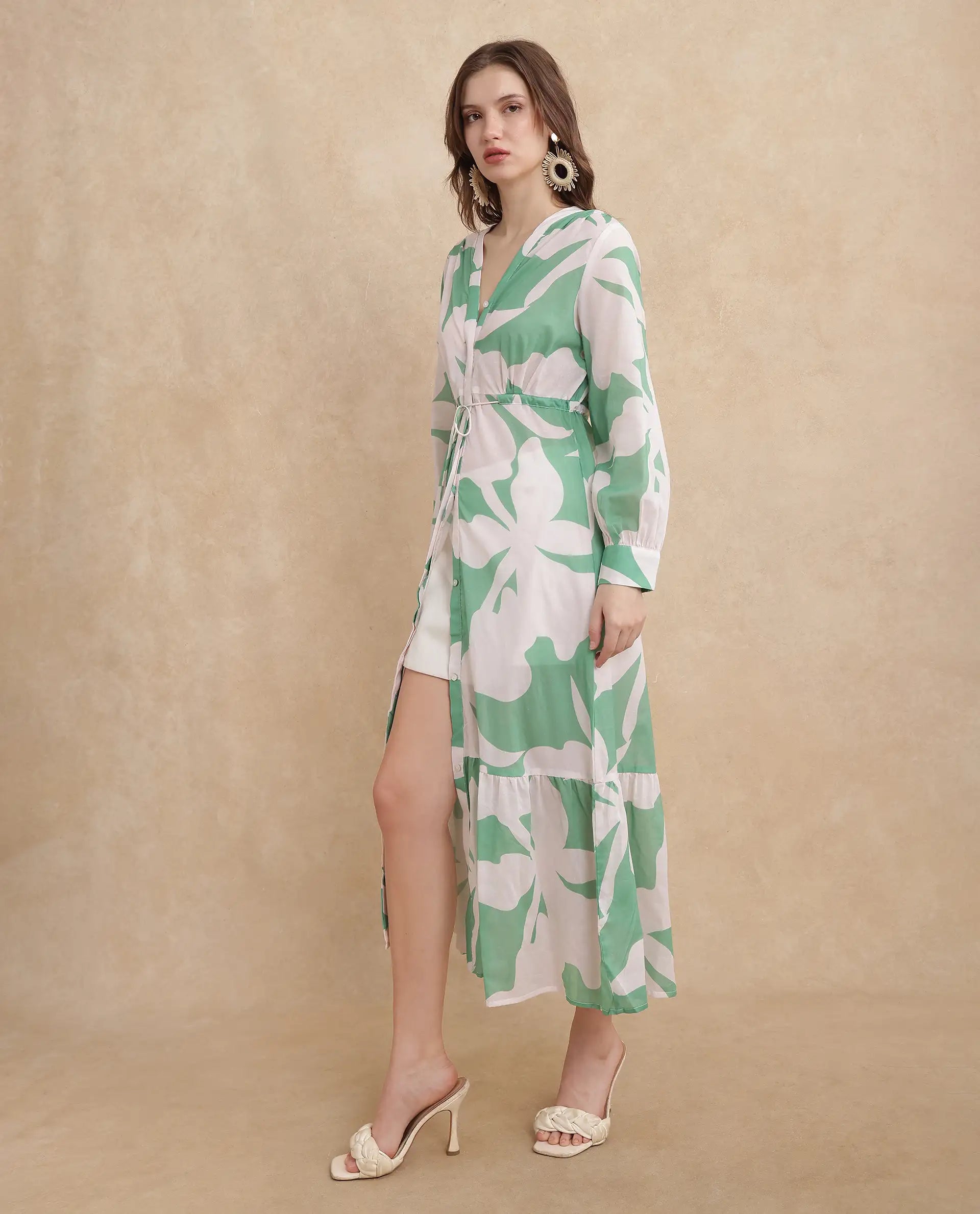 Rareism Women Adeley Dusky Green Full Sleeve V-Neck Button Closure A-Line Maxi Abstract Print Shrug