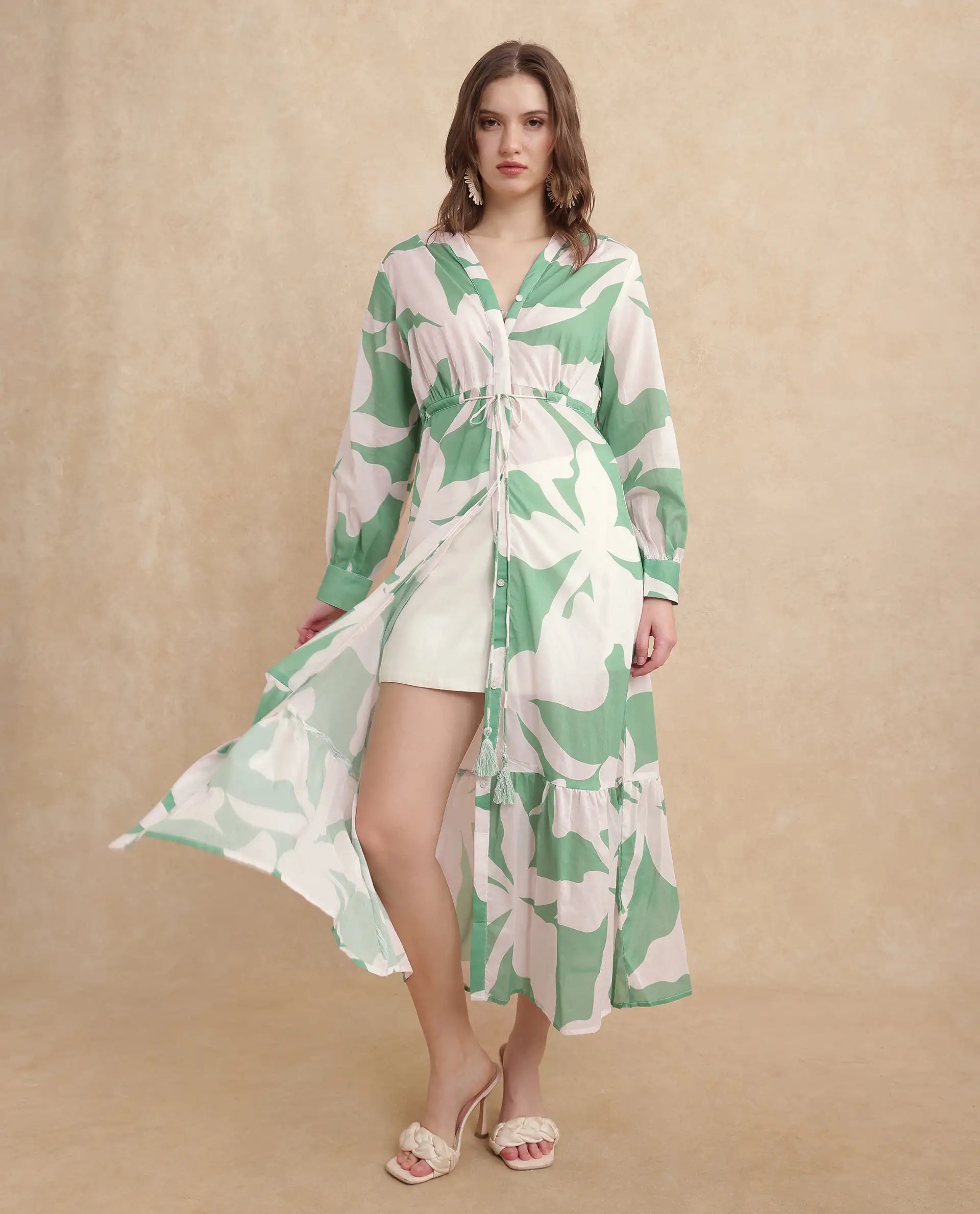 Rareism Women Adeley Dusky Green Full Sleeve V-Neck Button Closure A-Line Maxi Abstract Print Shrug