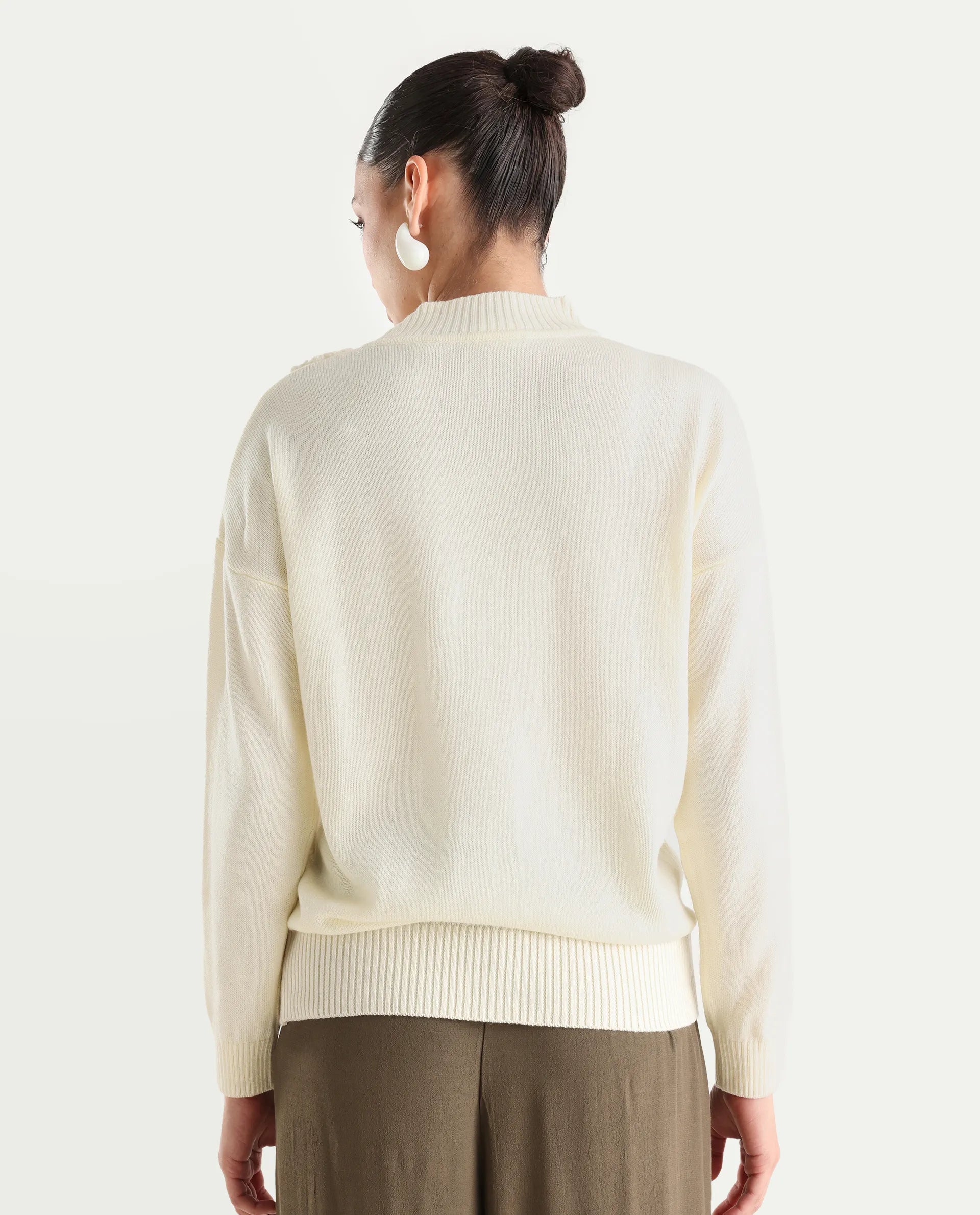 Rareism Women's Adhara Off White Acrylic High Neck Plain Regular Fit Sweater