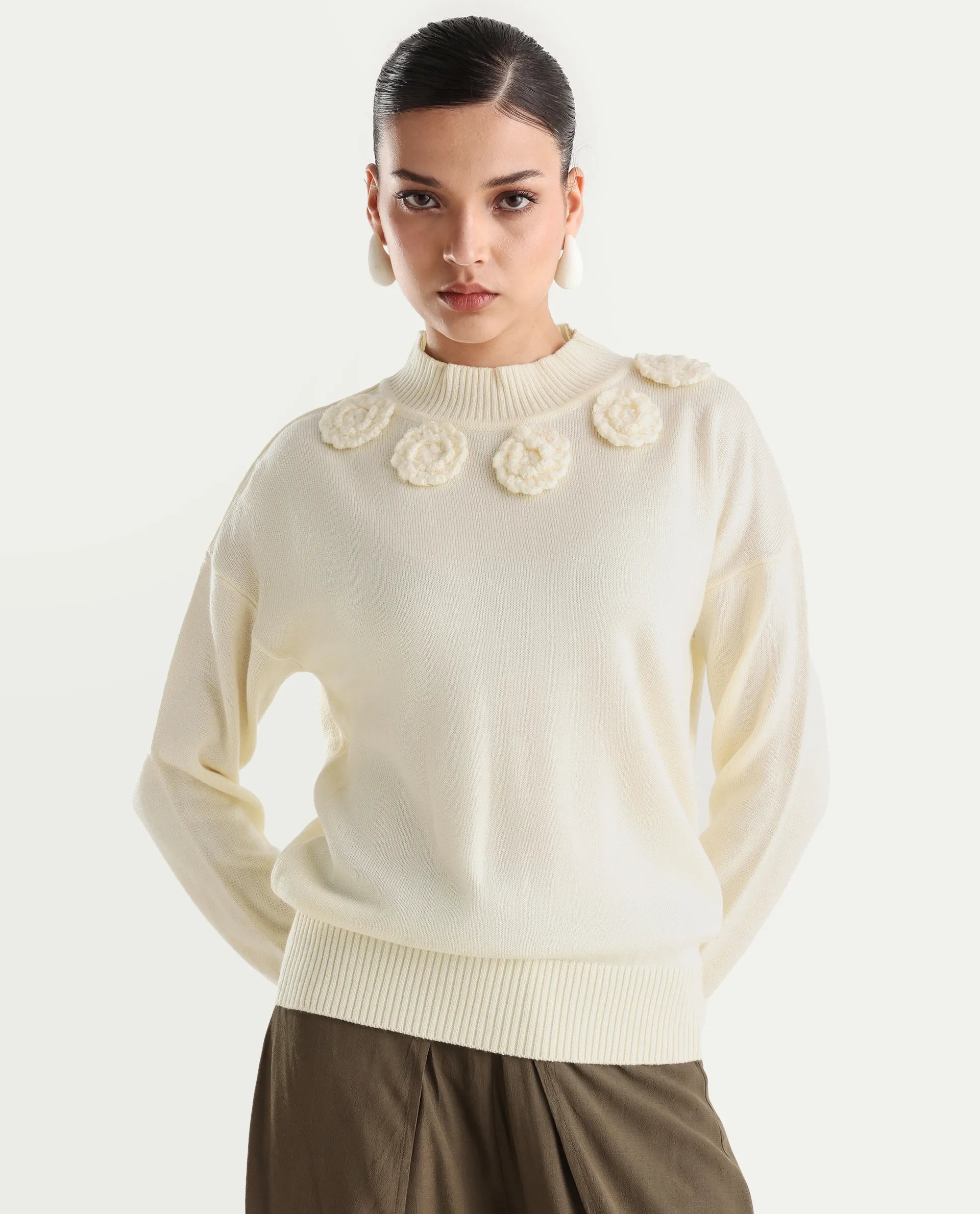 Rareism Women's Adhara Off White Acrylic High Neck Plain Regular Fit Sweater