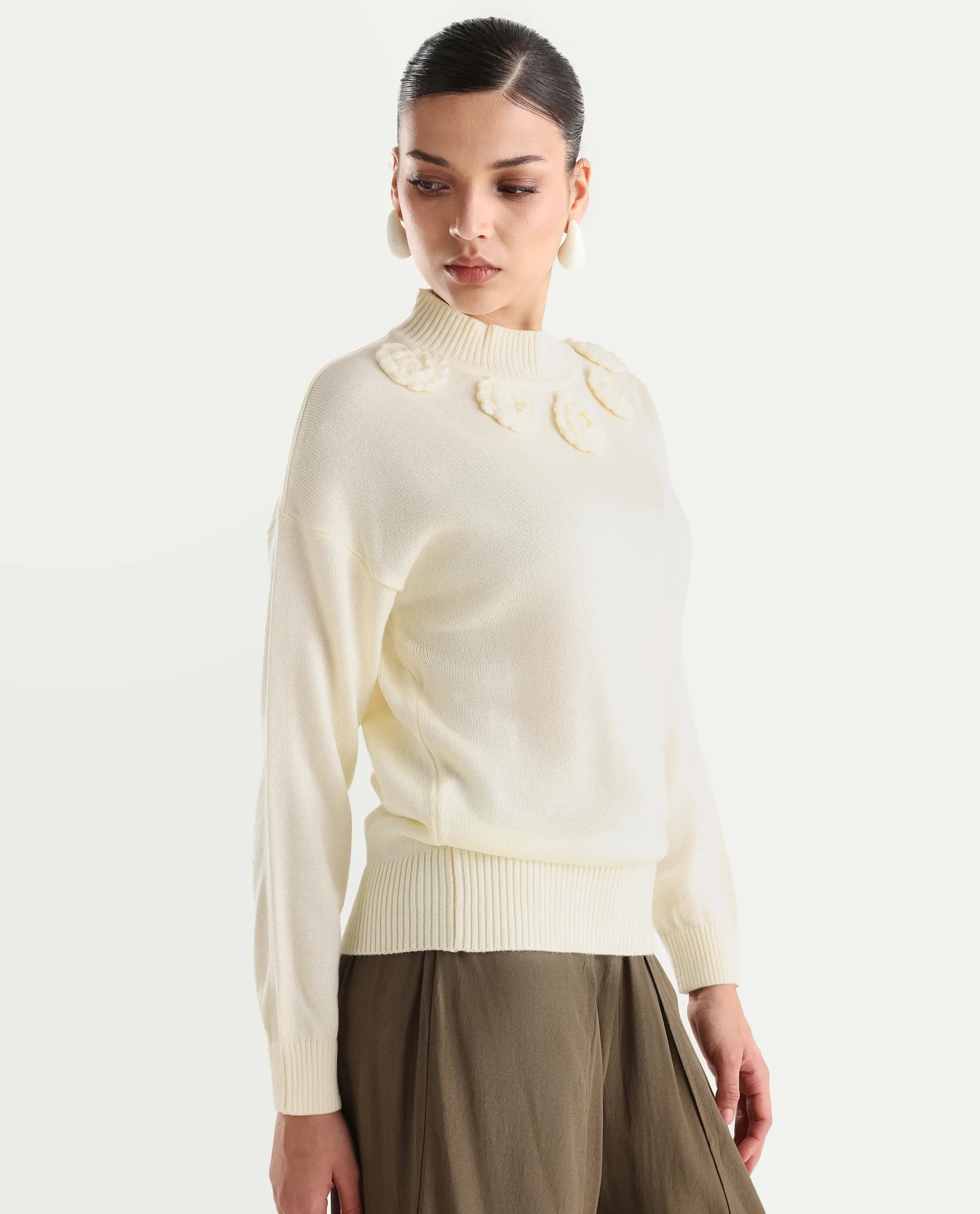 Rareism Women's Adhara Off White Acrylic High Neck Plain Regular Fit Sweater