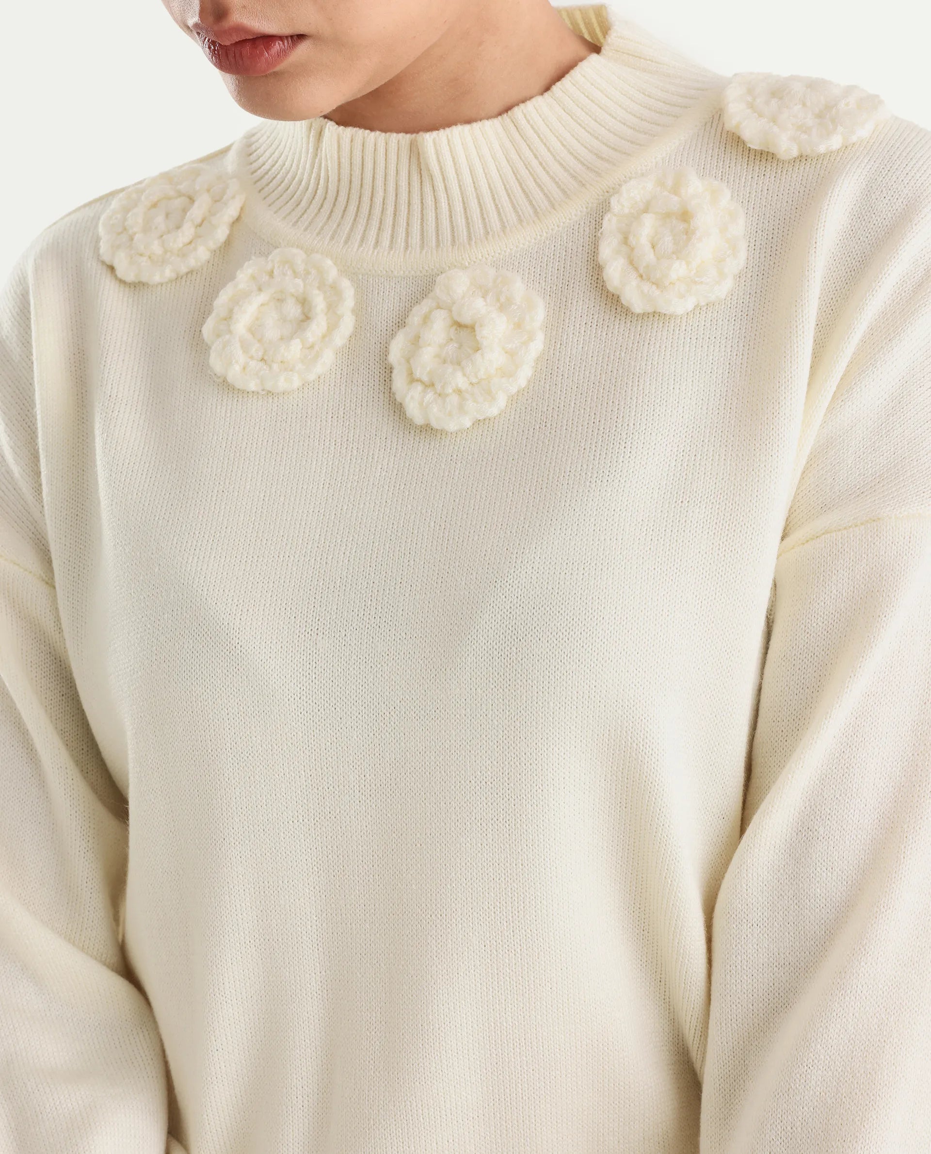 Rareism Women's Adhara Off White Acrylic High Neck Plain Regular Fit Sweater