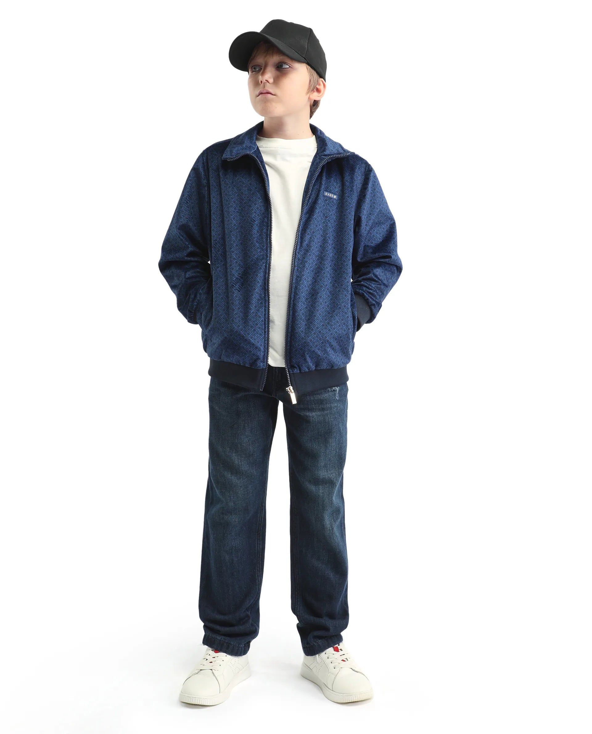 Rare Ones Kids Adi Dark Blue Polyester Zipper Closure Flat Collar Printed Full Sleeves Slim Fit Jacket