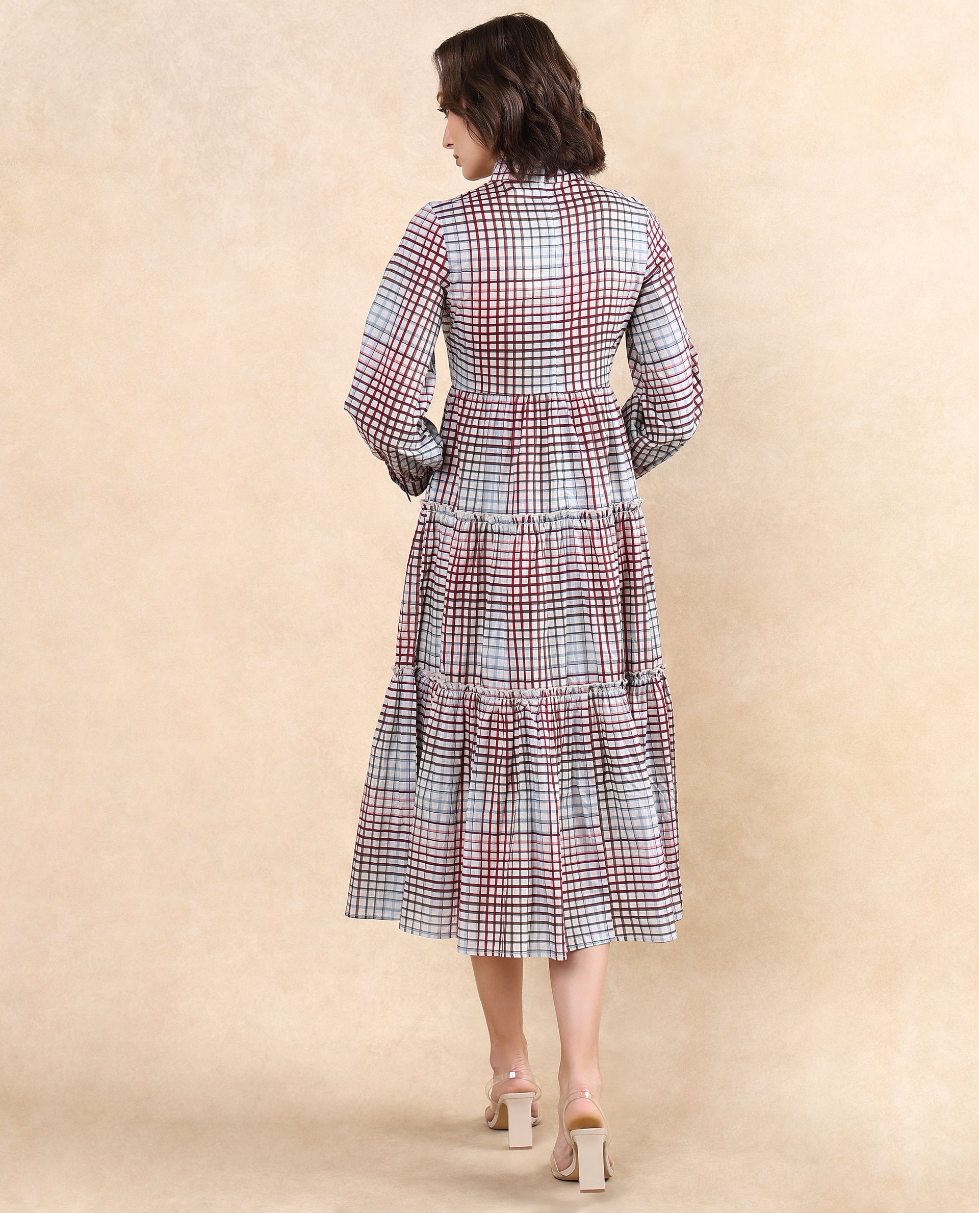 Rareism Women Adilpi Multi Bishop Sleeve Tie Up Neck Zipper Closure Fit And Flare Midi Printed Dress