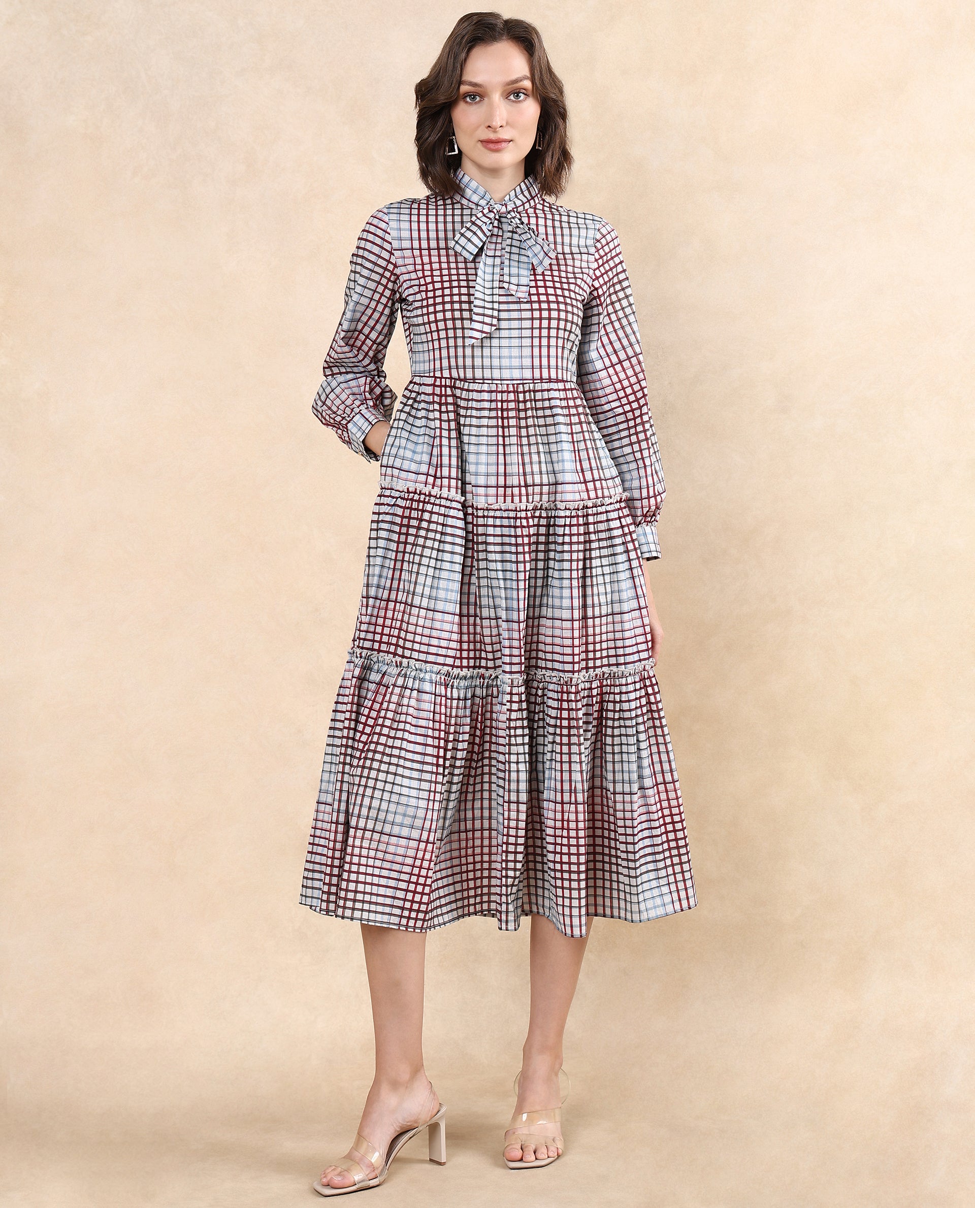 Rareism Women Adilpi Multi Bishop Sleeve Tie Up Neck Zipper Closure Fit And Flare Midi Printed Dress