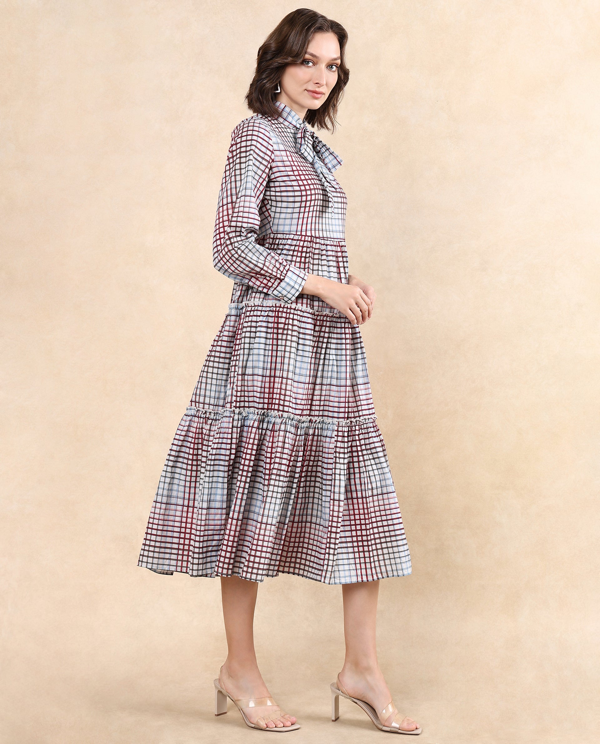 Rareism Women Adilpi Multi Bishop Sleeve Tie Up Neck Zipper Closure Fit And Flare Midi Printed Dress