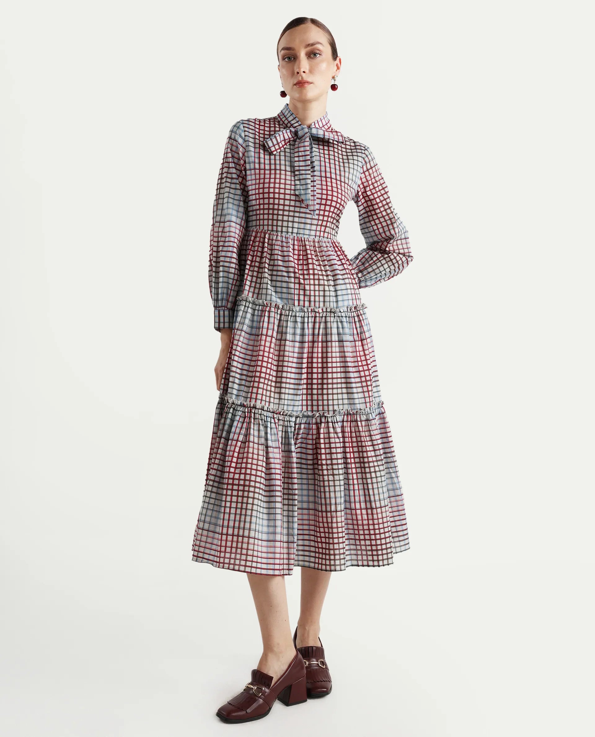 Rareism Women's Adilpi Multi Cotton Tie-Up Neck Flannel Print Bishop Sleeve Midi Fit And Flare Dress