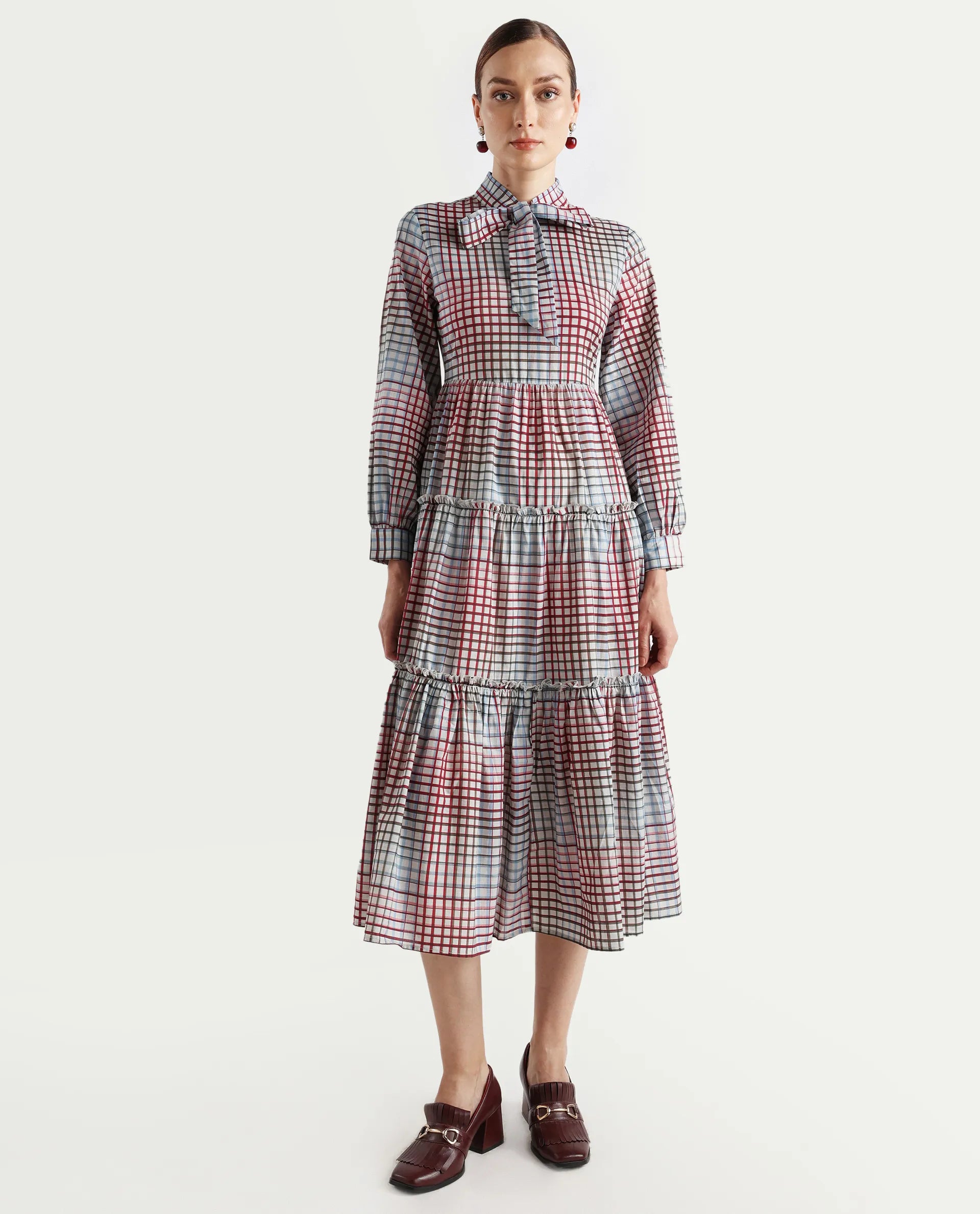 Rareism Women's Adilpi Multi Cotton Tie-Up Neck Flannel Print Bishop Sleeve Midi Fit And Flare Dress